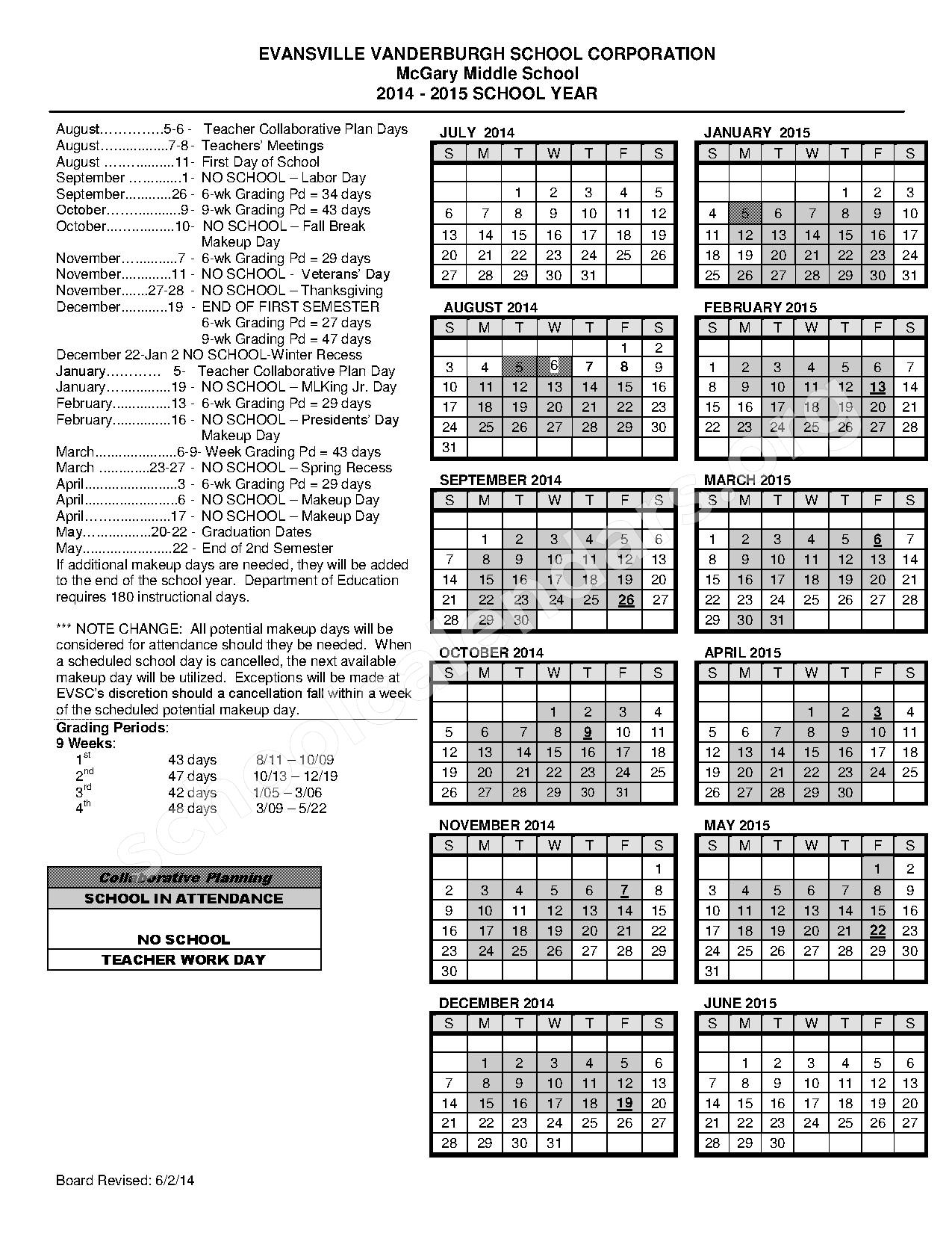 2014 2015 McGary Middle School Calendar William Henry Harrison High