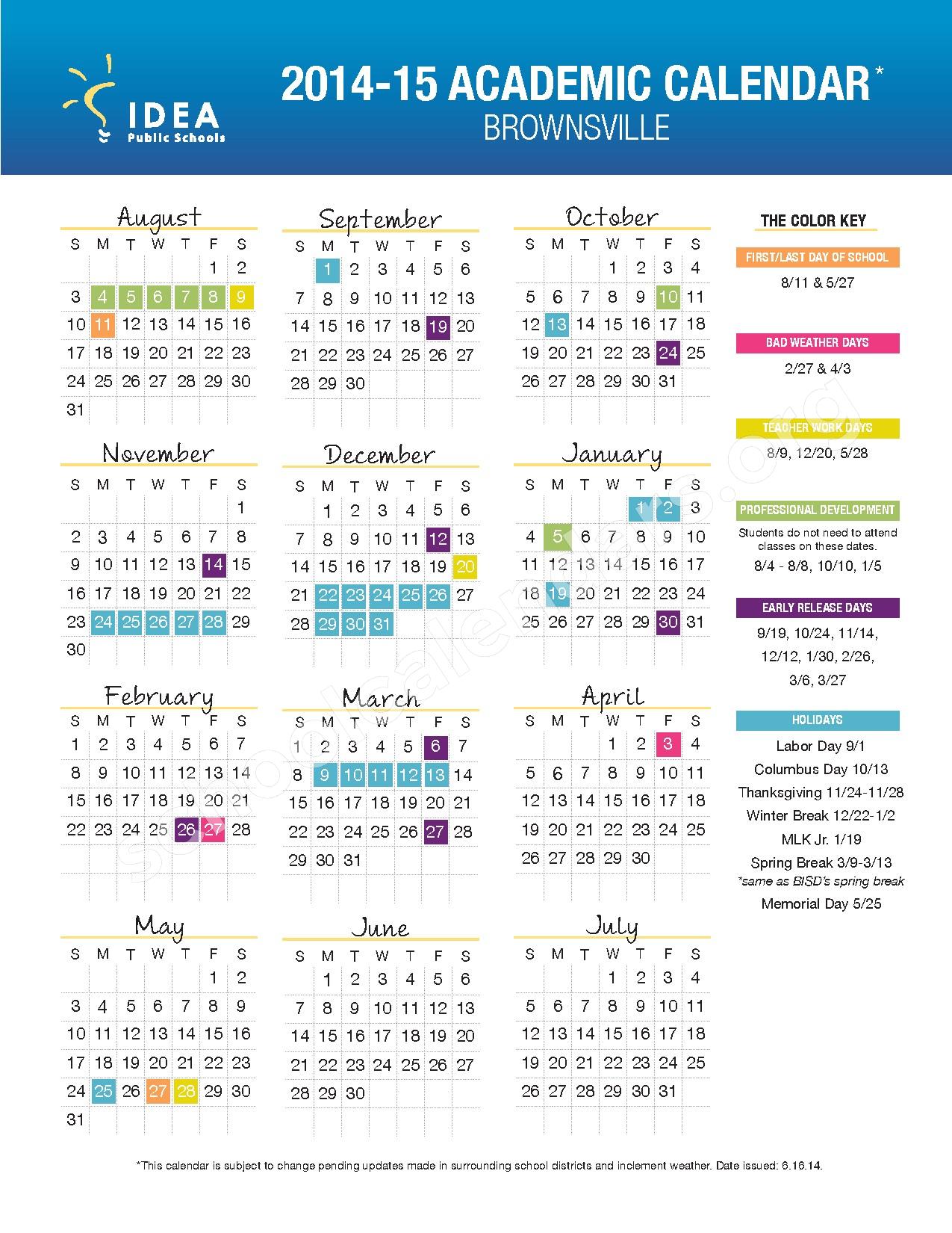 2014 2015 Brownsville School Calendar Idea Academy Page 1