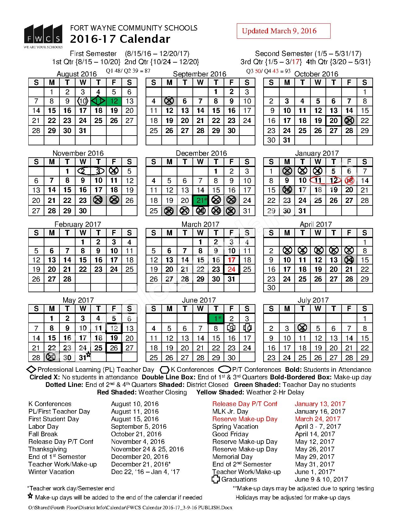 2016 2017 FWCS School Calendar Fort Wayne Community Schools Fort 