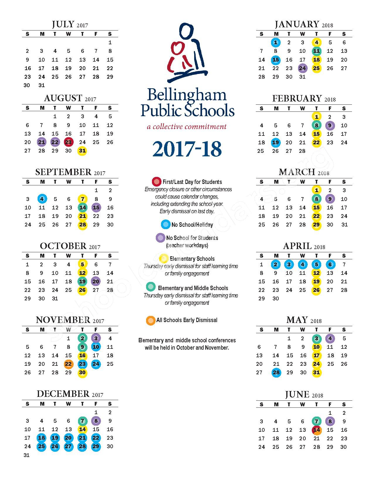 2017 18 School Year Calendar Bellingham School District Bellingham WA
