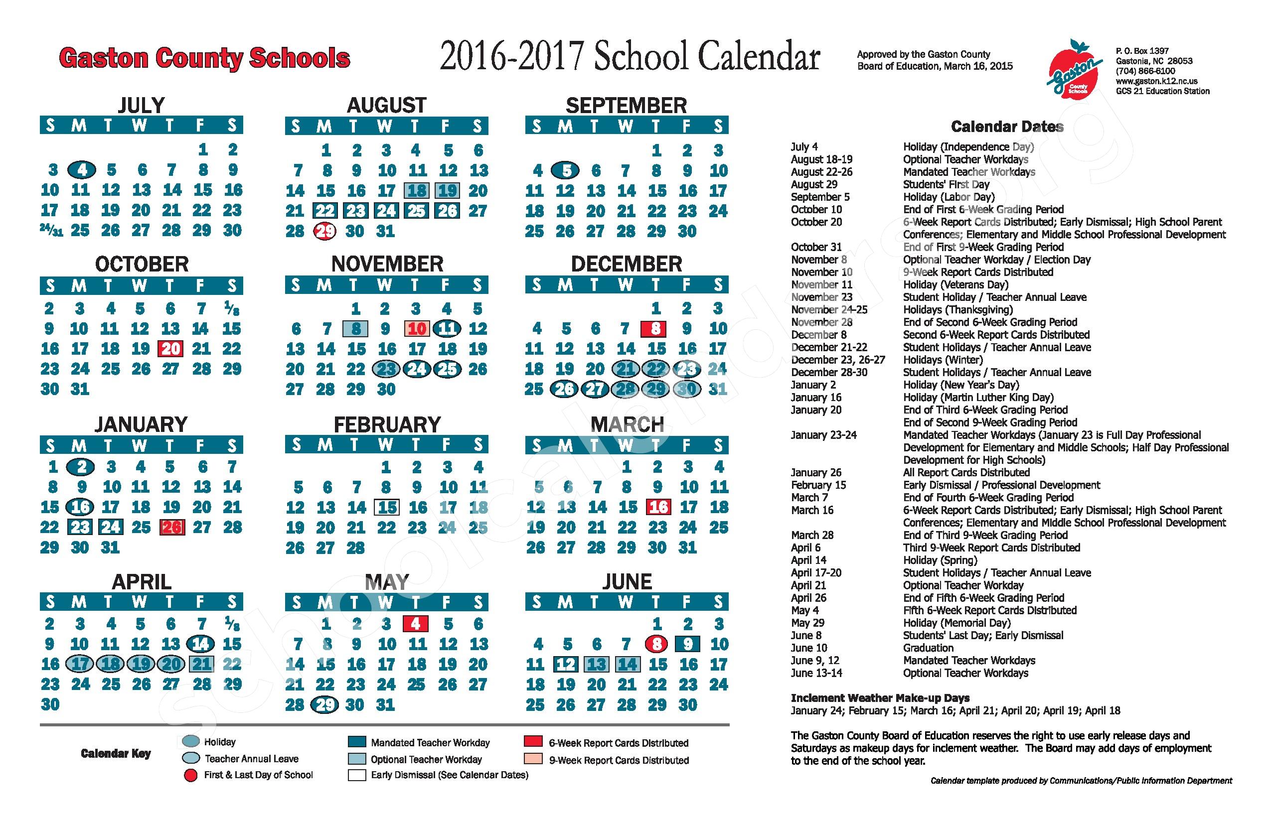 2016 2017 School Calendar Gaston County Schools Gastonia NC 2016 2017 School Calendar Gaston County Schools Gastonia NC