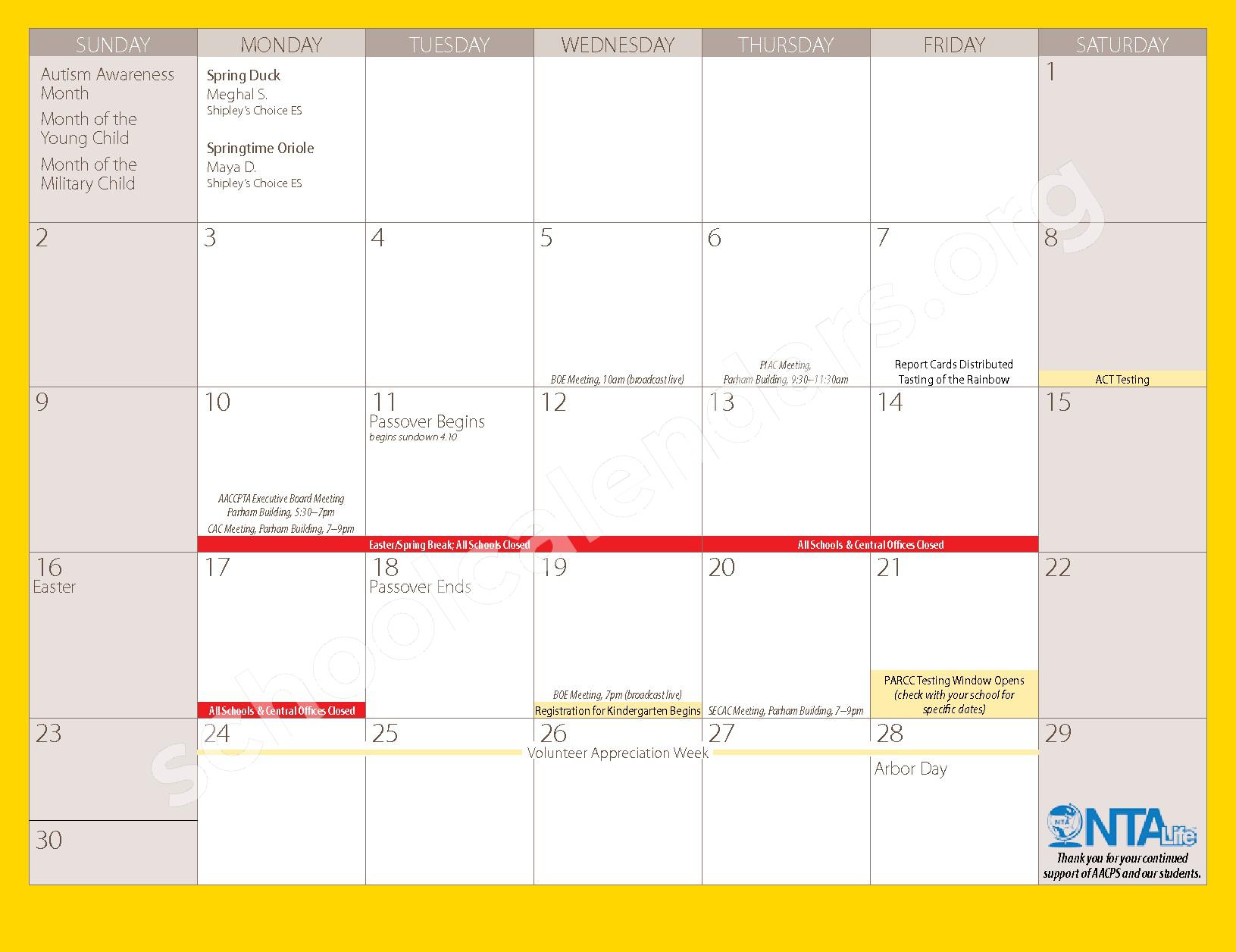 2016 2017 Parent Calendar Anne Arundel County Public Schools