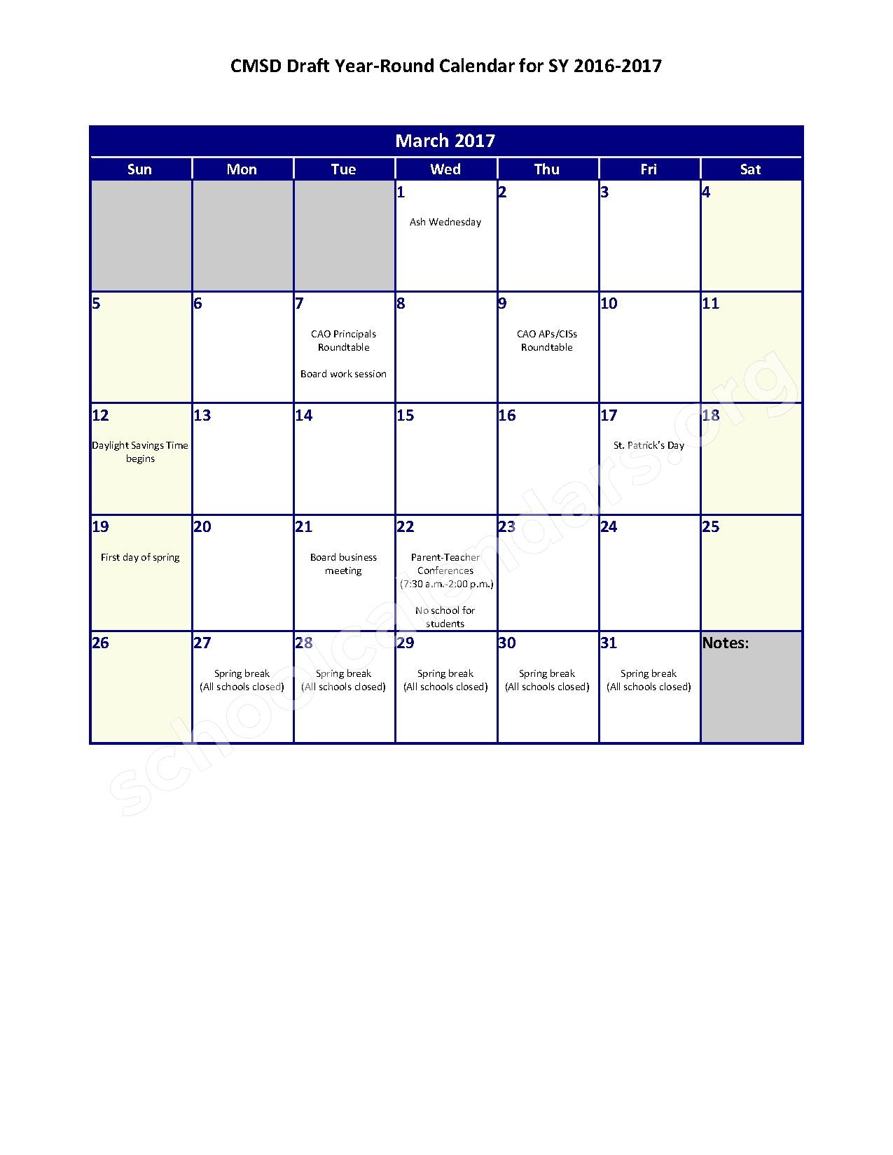 2016 2017 Year Round School Calendar Cleveland Metropolitan School 