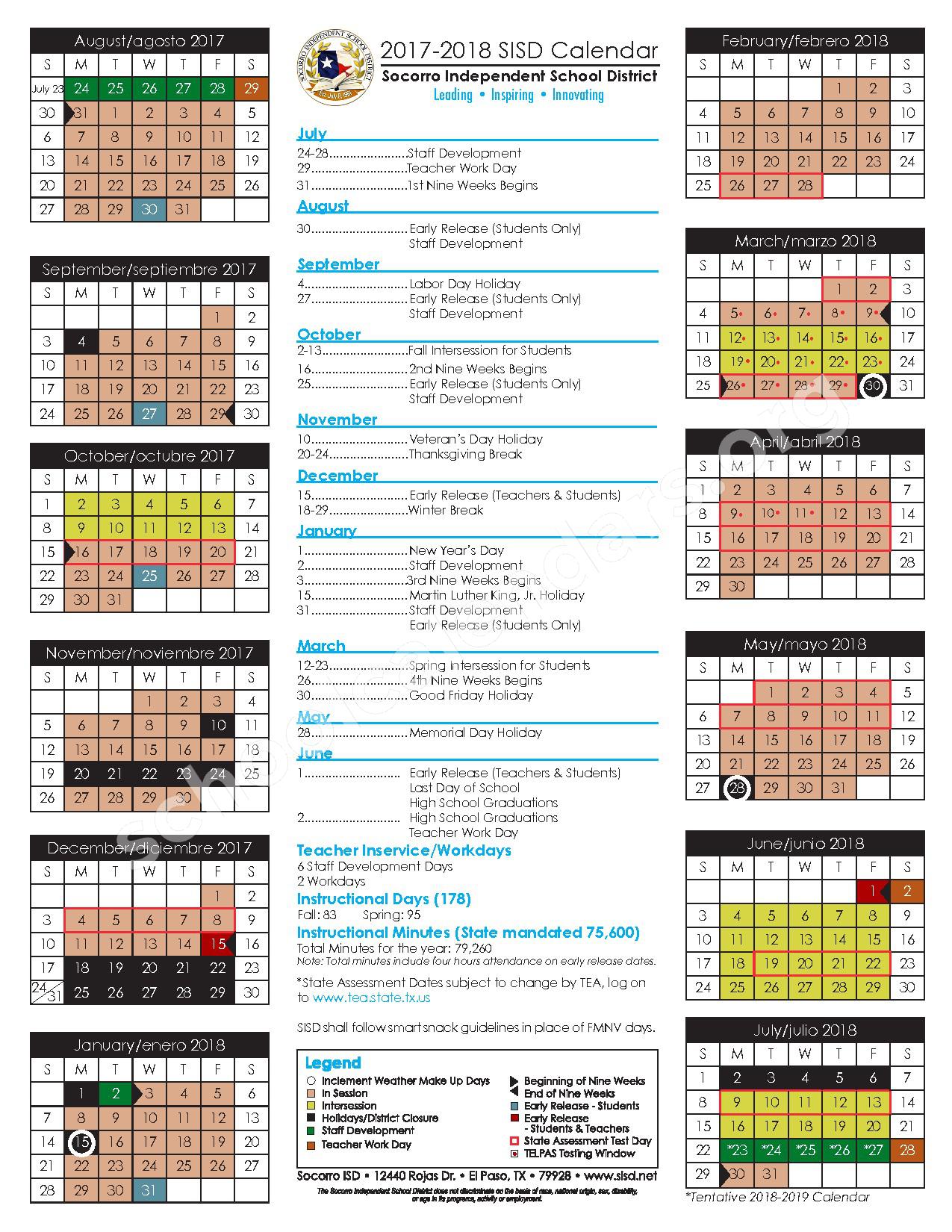 Socorro Independent School District Calendars El Paso TX