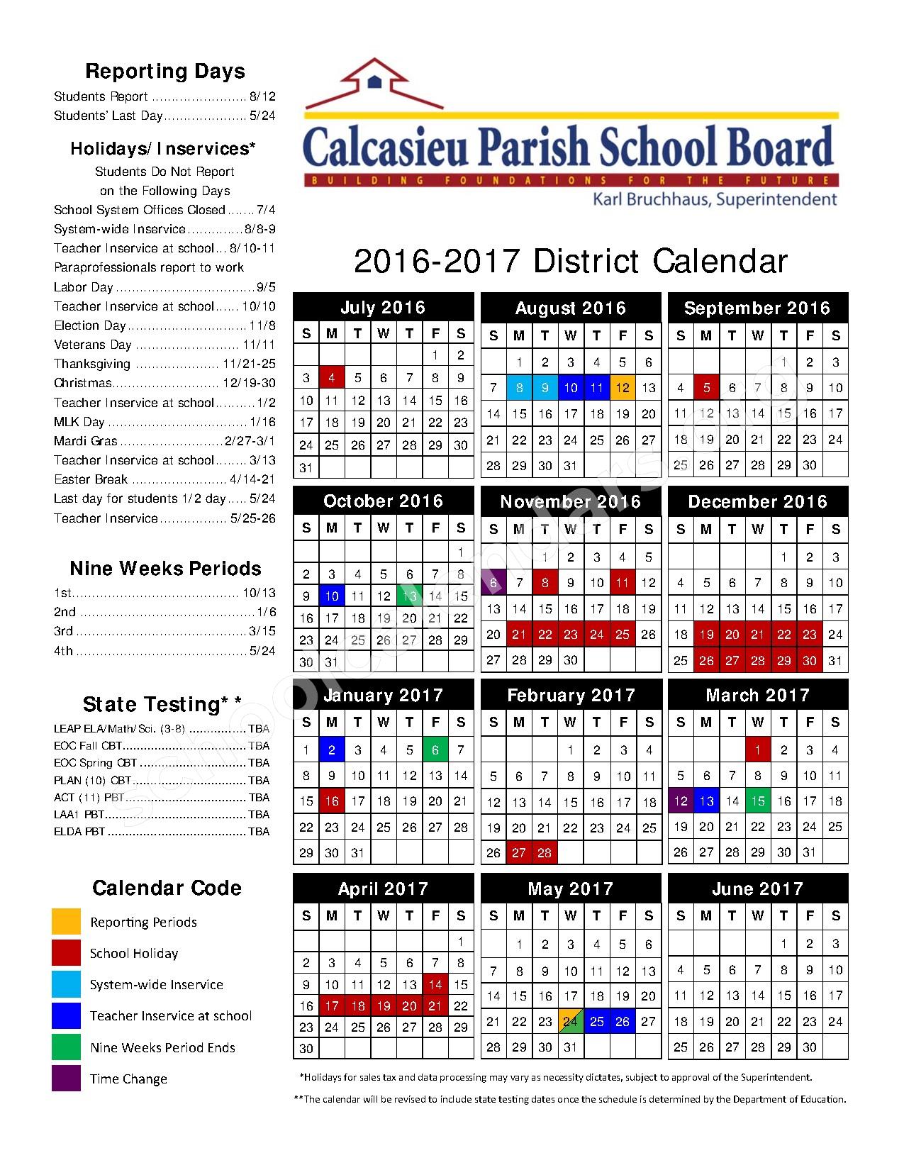 2016 2017 School Calendar Calcasieu Parish School Board Lake 