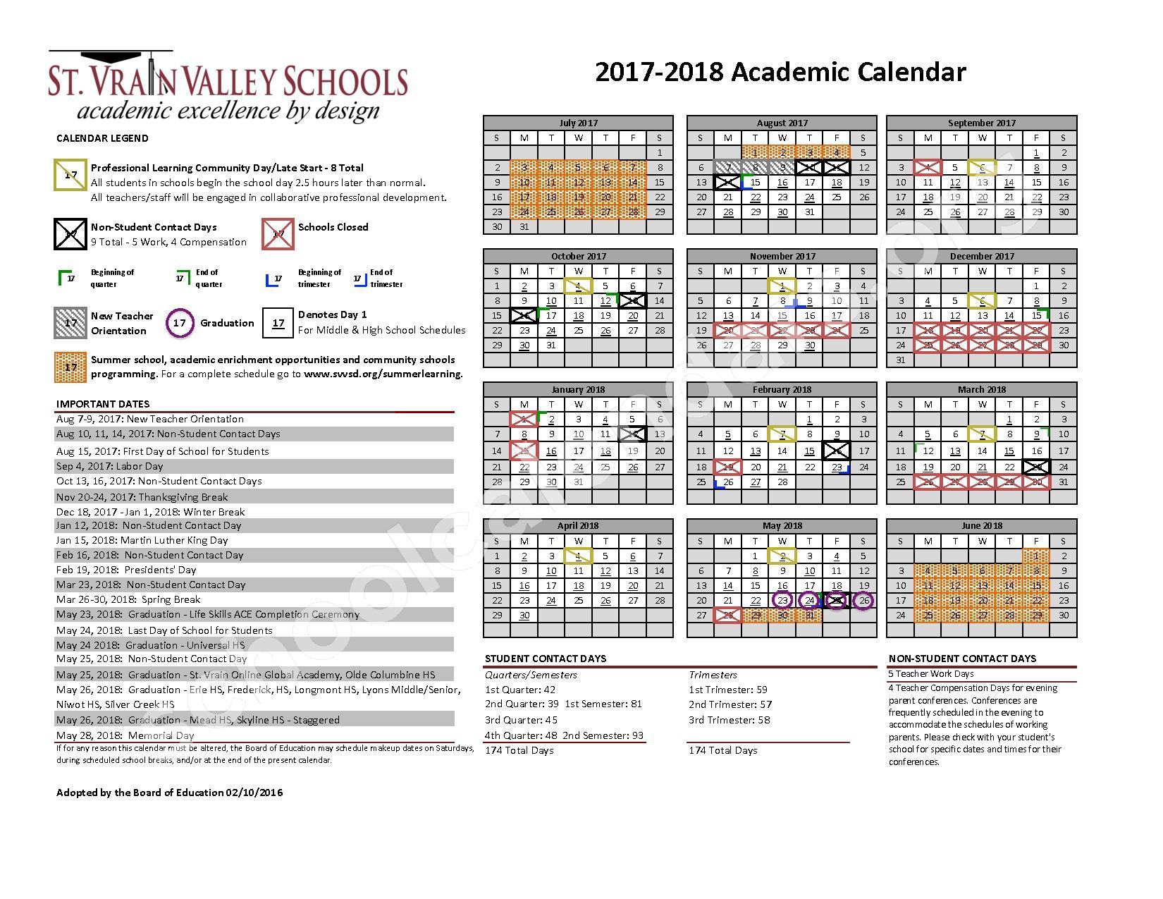 2017 2018 School Calendar St Vrain Valley Schools Longmont CO