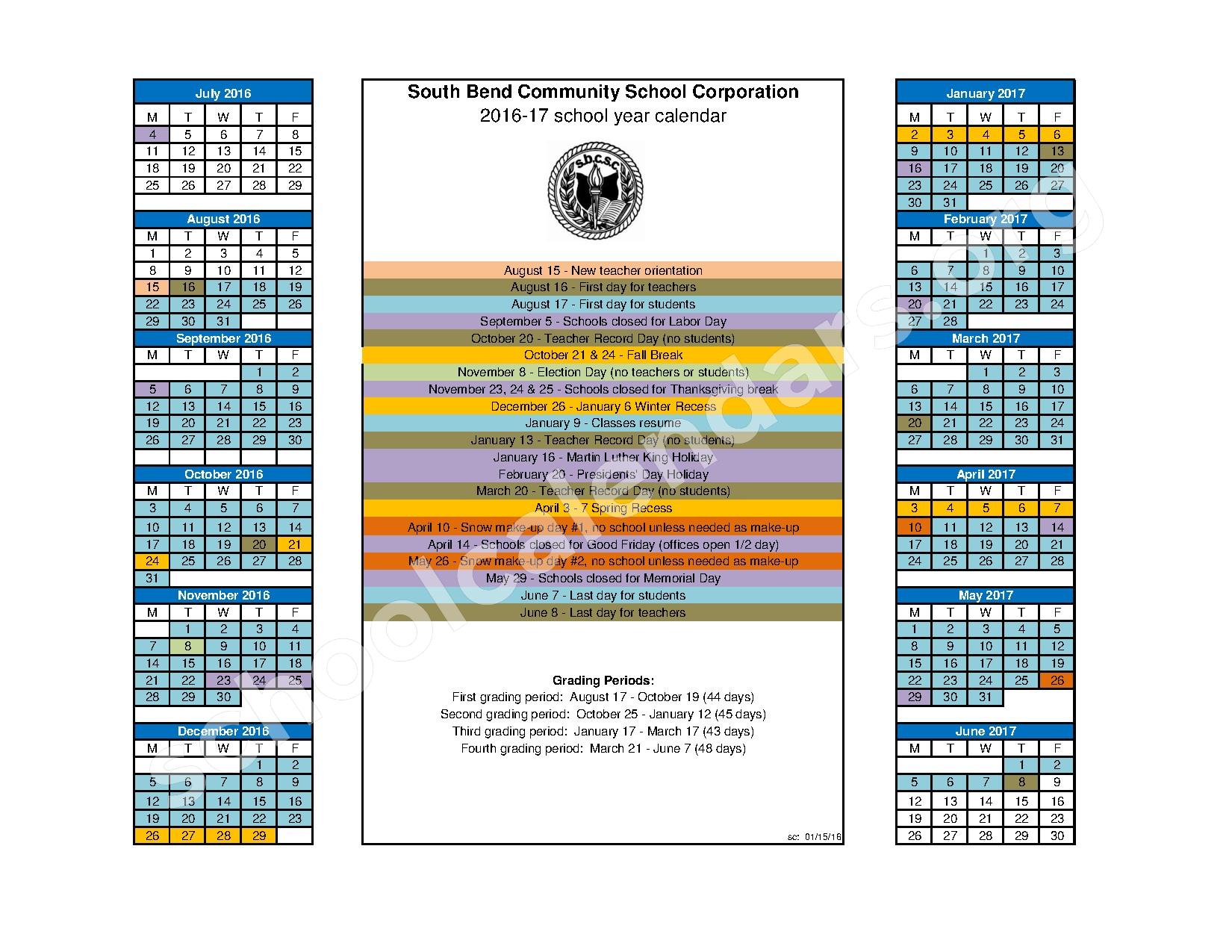 2016 2017 School Year Calendar South Bend Community School