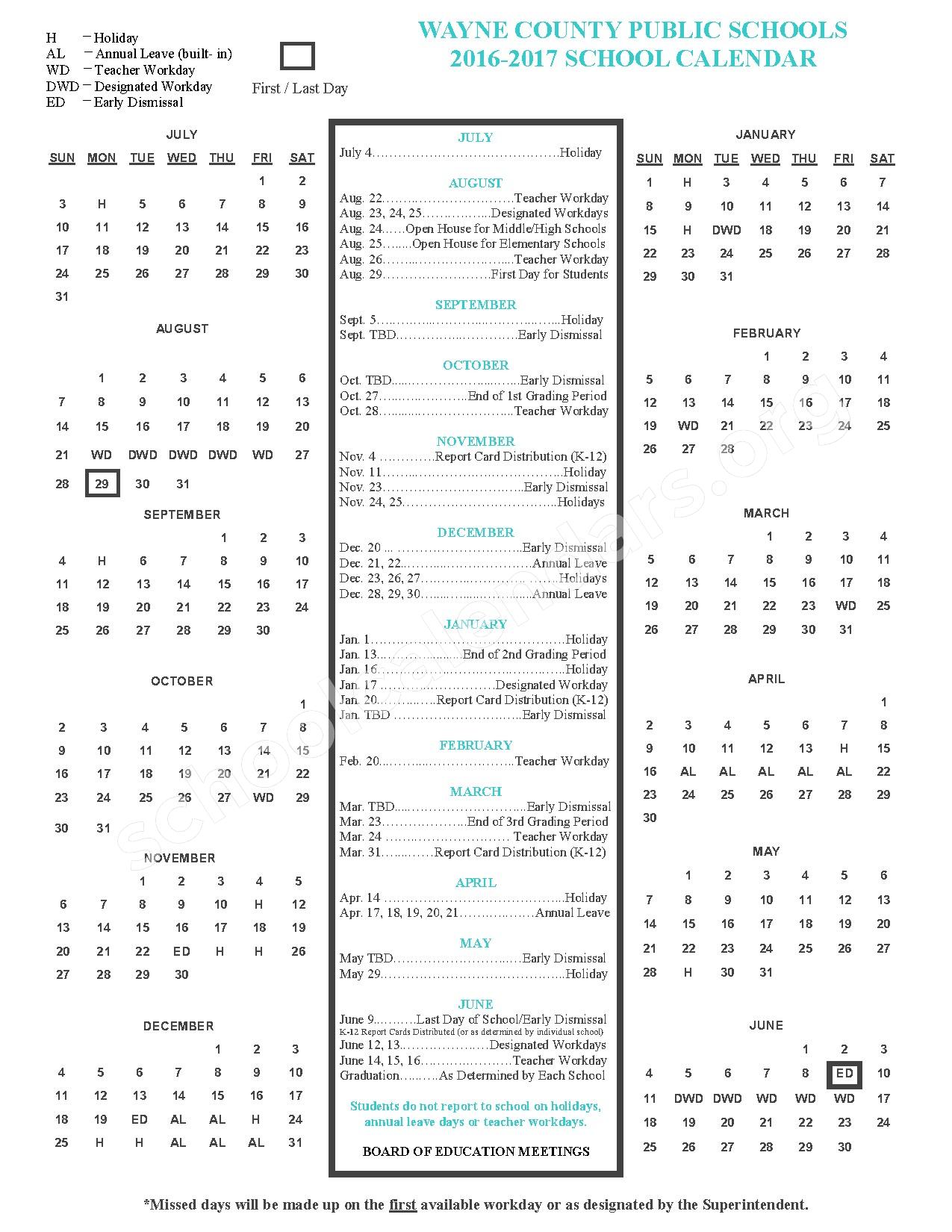 2016 2017 Traditional Academic Calendar Wayne County Public Schools 