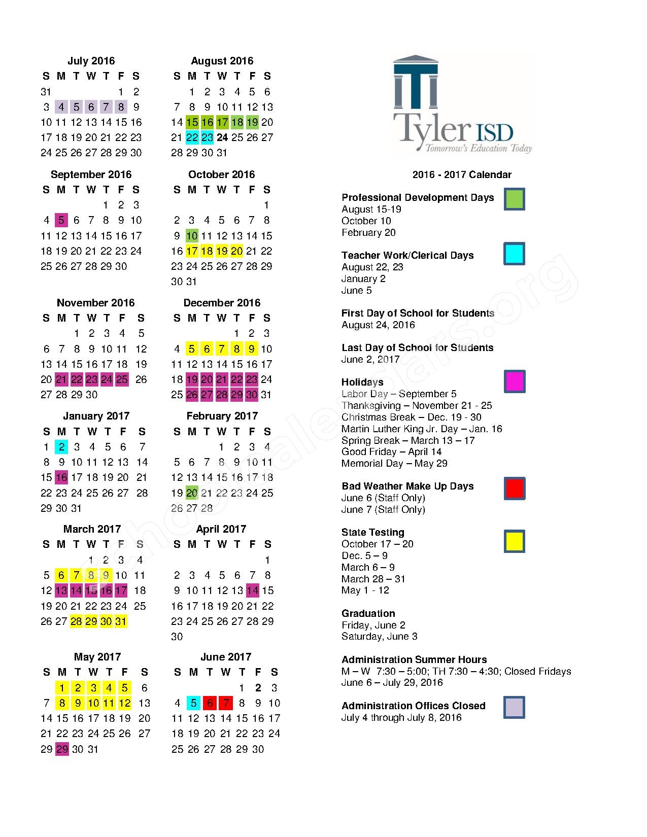 2016 2017 District Calendar Tyler Independent School District 