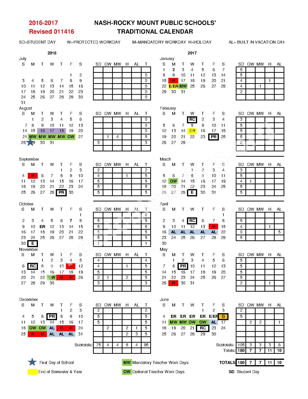 2016 - 2017 School Calendar – Nash-Rocky Mount Public Schools – page 1