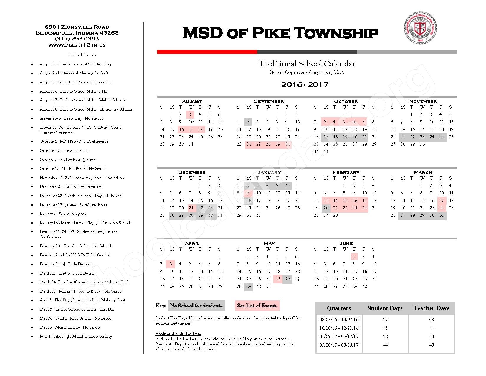 2016 - 2018 Traditional Calendars | Metropolitan School District Pike Township – Indianapolis, IN