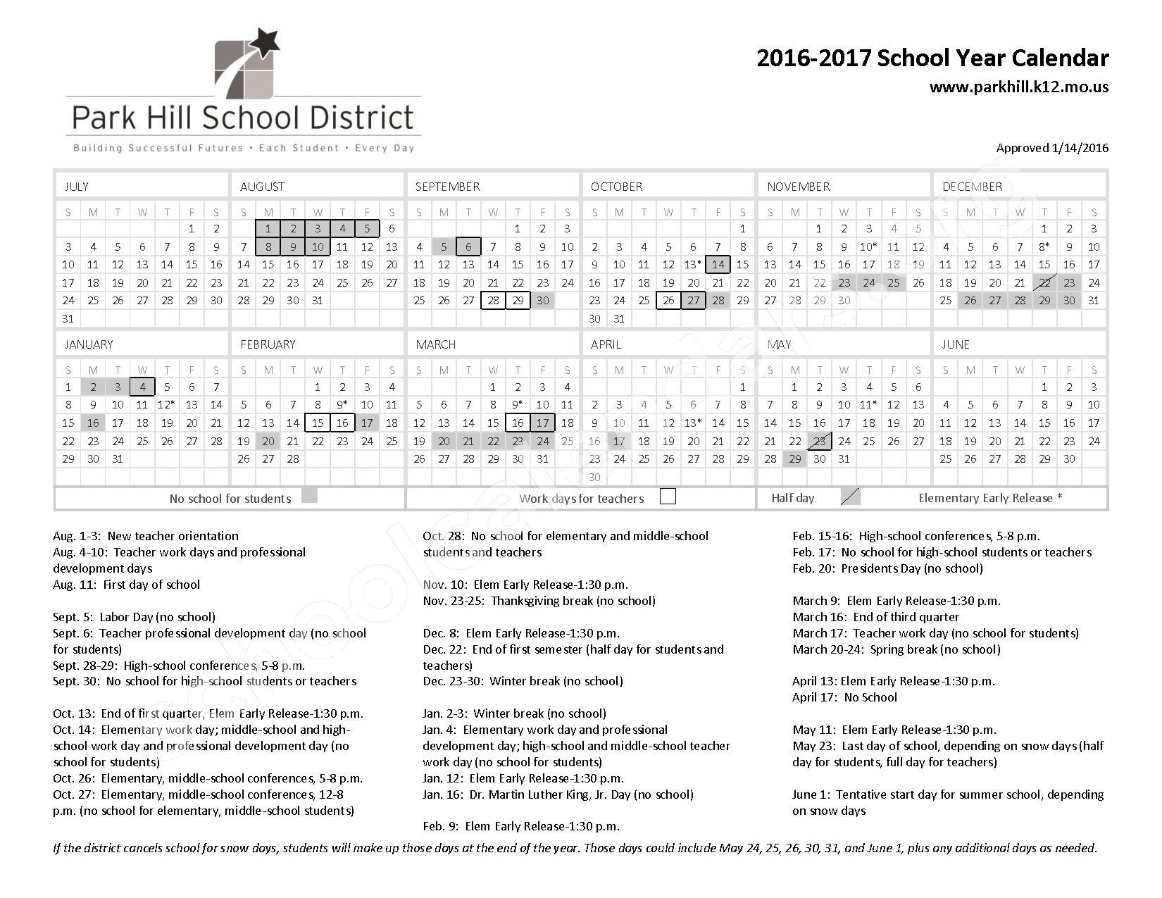 2016 - 2017 School Calendar – Park Hill Early Childhood Education Center – page 1