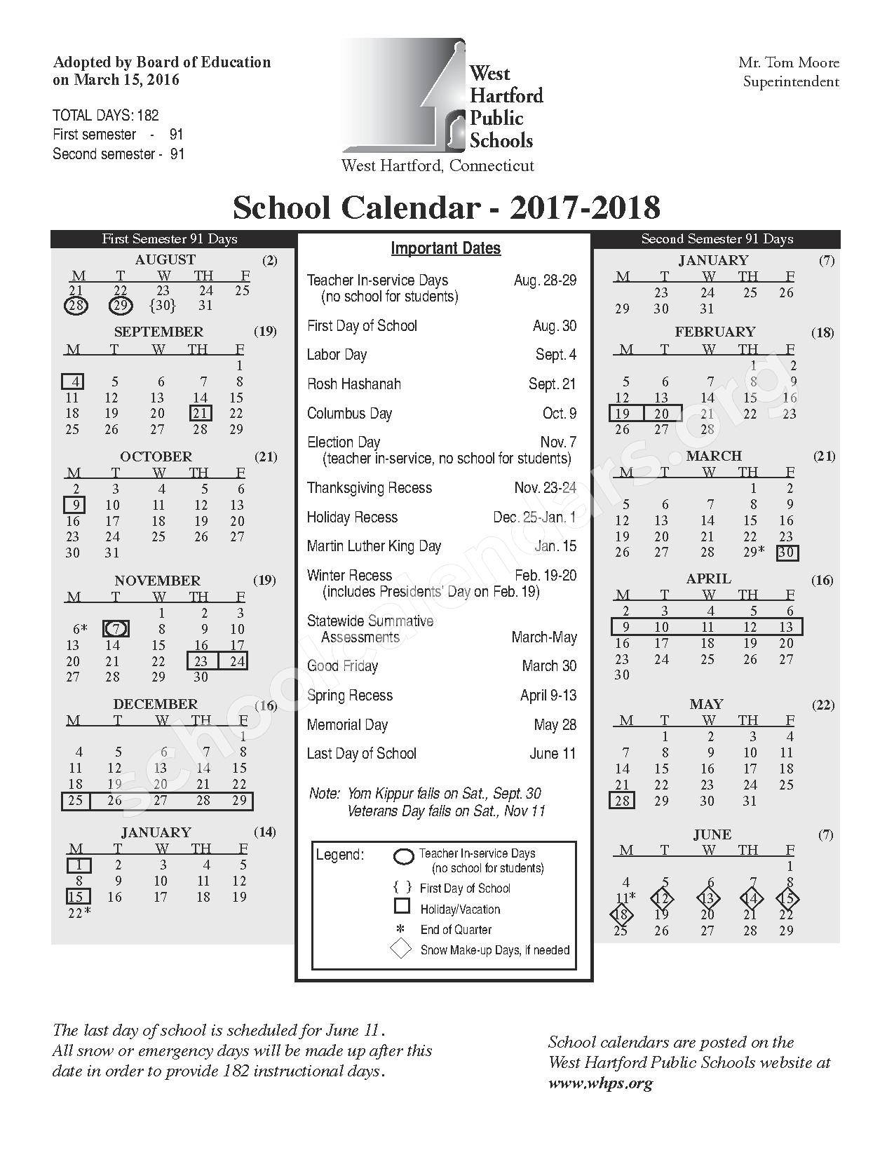 2017 2018 School Calendar West Hartford Public Schools West 