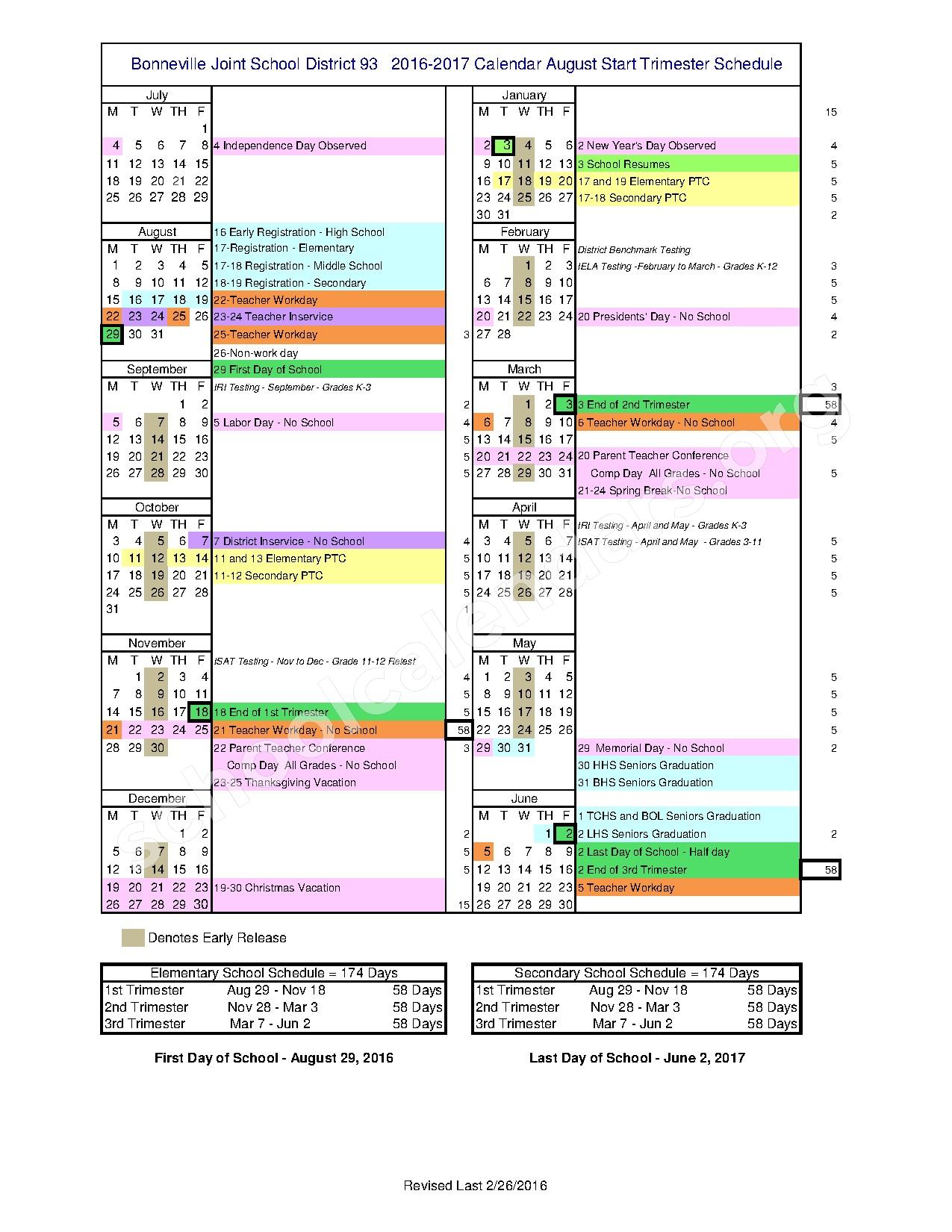 2016 - 2017 School Calendar | Bonneville Joint School District #93 – Idaho Falls, ID