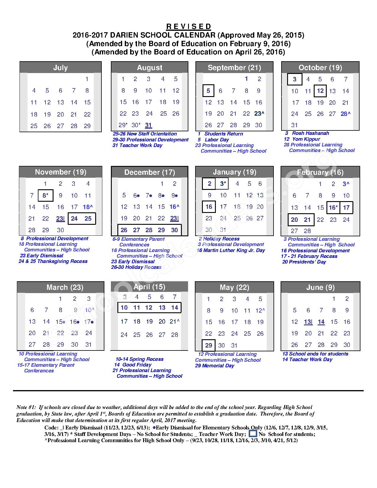 2016 - 2017 School Calendar | Darien Public Schools – Darien, CT