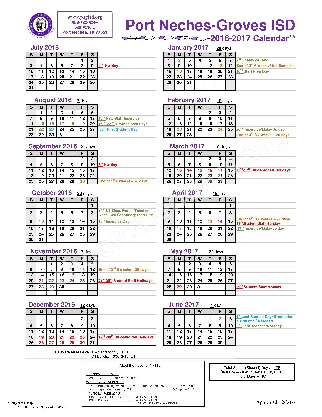 2016 2017 District Calendar Port Neches Groves Independent School 