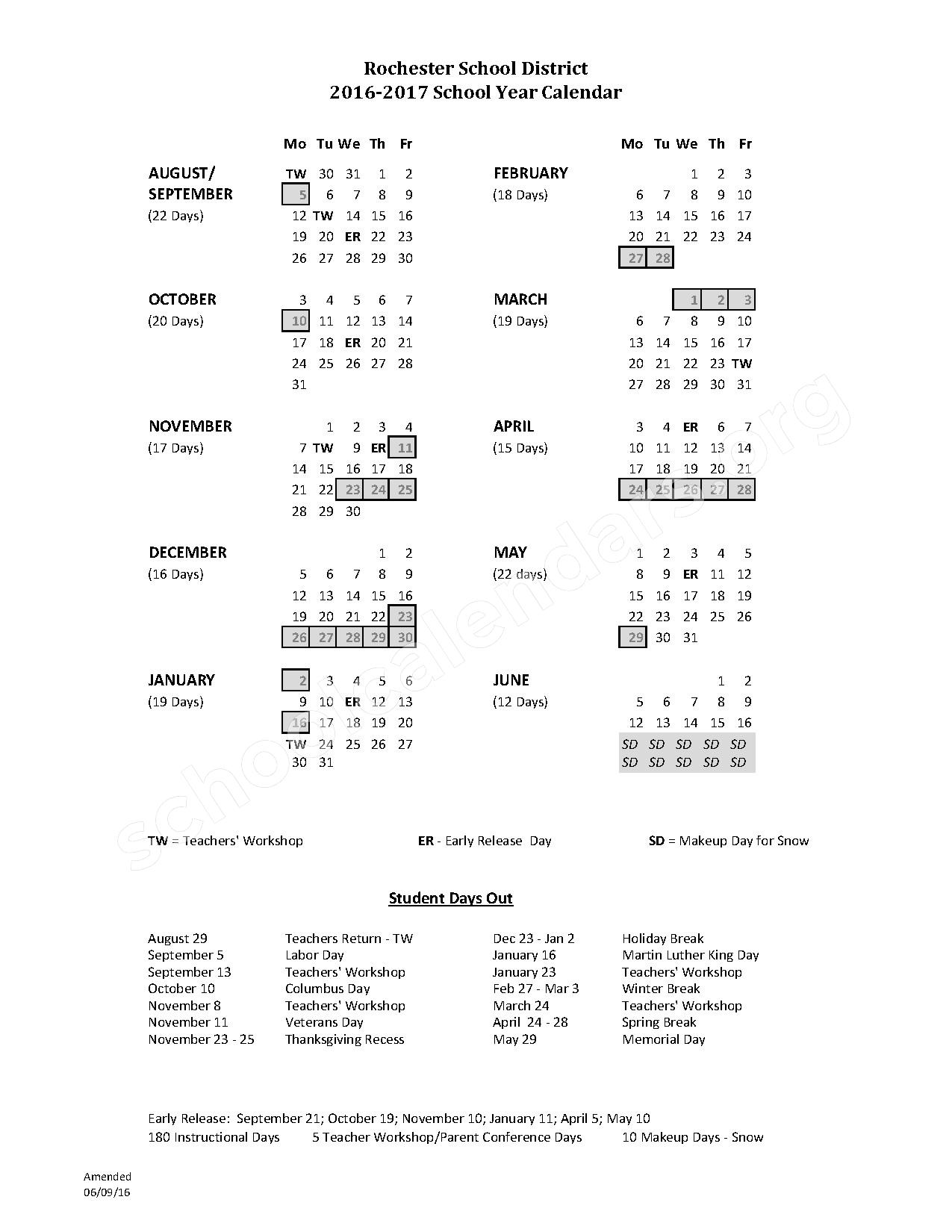 2016 - 2017 District Calendar – Bud Carlson Academy – page 1