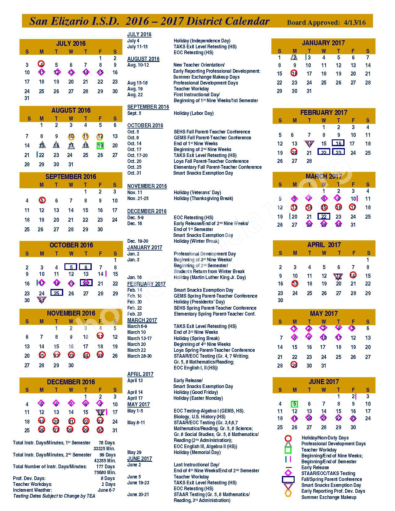 2016 2017 District Calendar San Elizario Independent School 