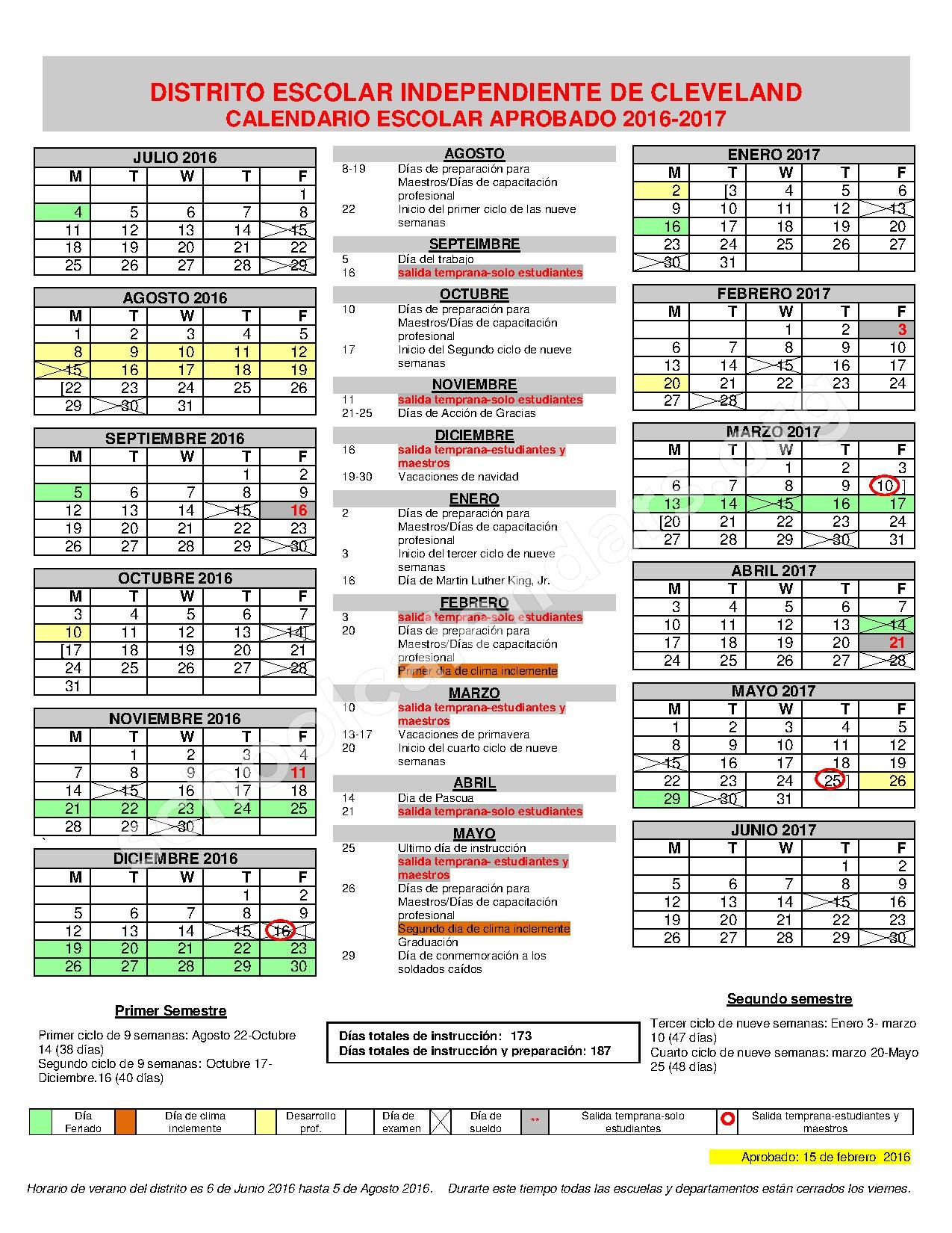 2016 - 2017 Calendario Escolar – Southside Primary – page 1