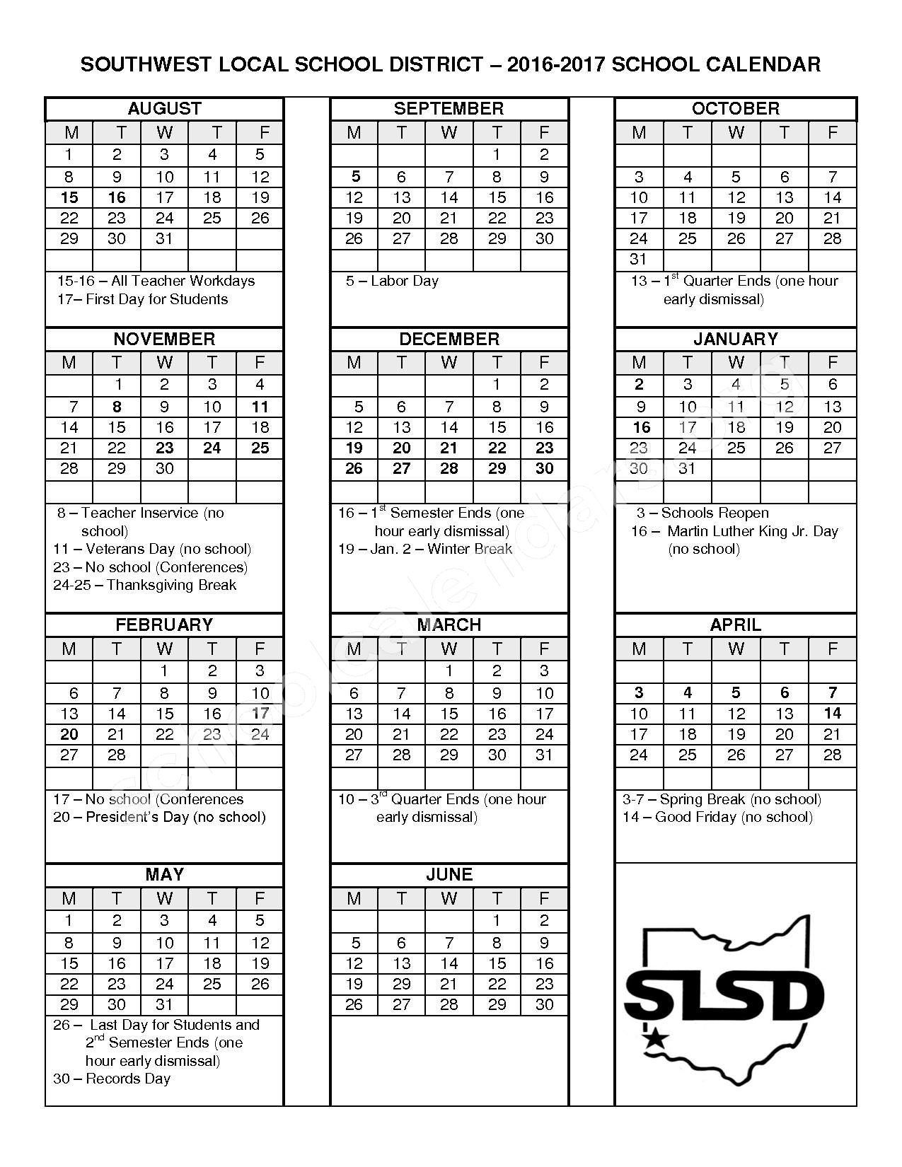 2016 - 2017 District Calendar – Harrison Middle School – page 1