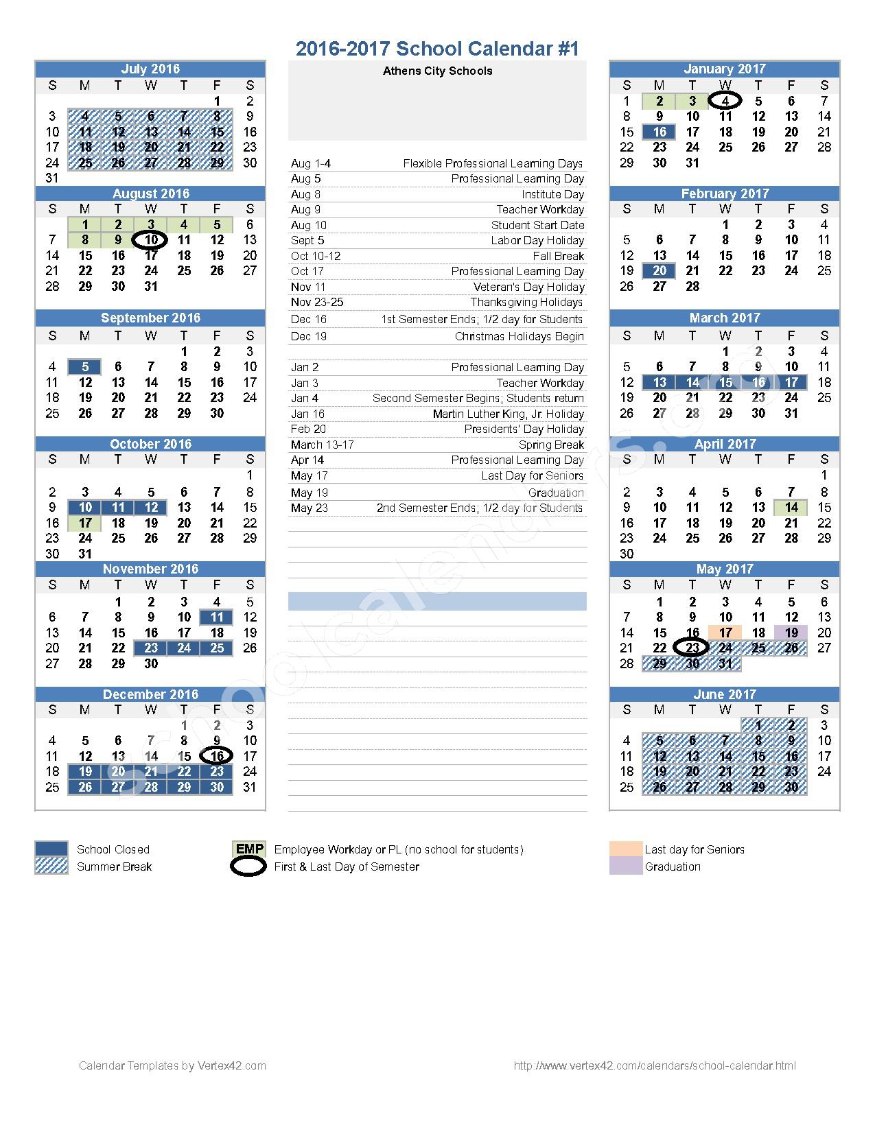 2016 - 2017 District Calendar – Athens High School – page 1