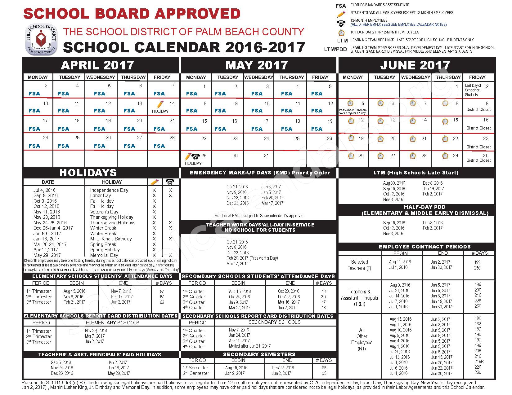 2016 2017 School Calendar Palm Beach County School District West