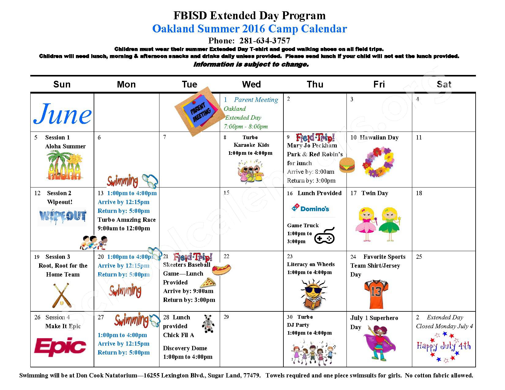 Summer 2016 Oakland Elementary Calendar Oakland Elementary School