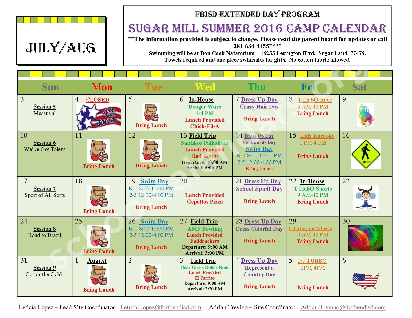 Summer 2016 Sugar Mill Elementary Calendar page 2