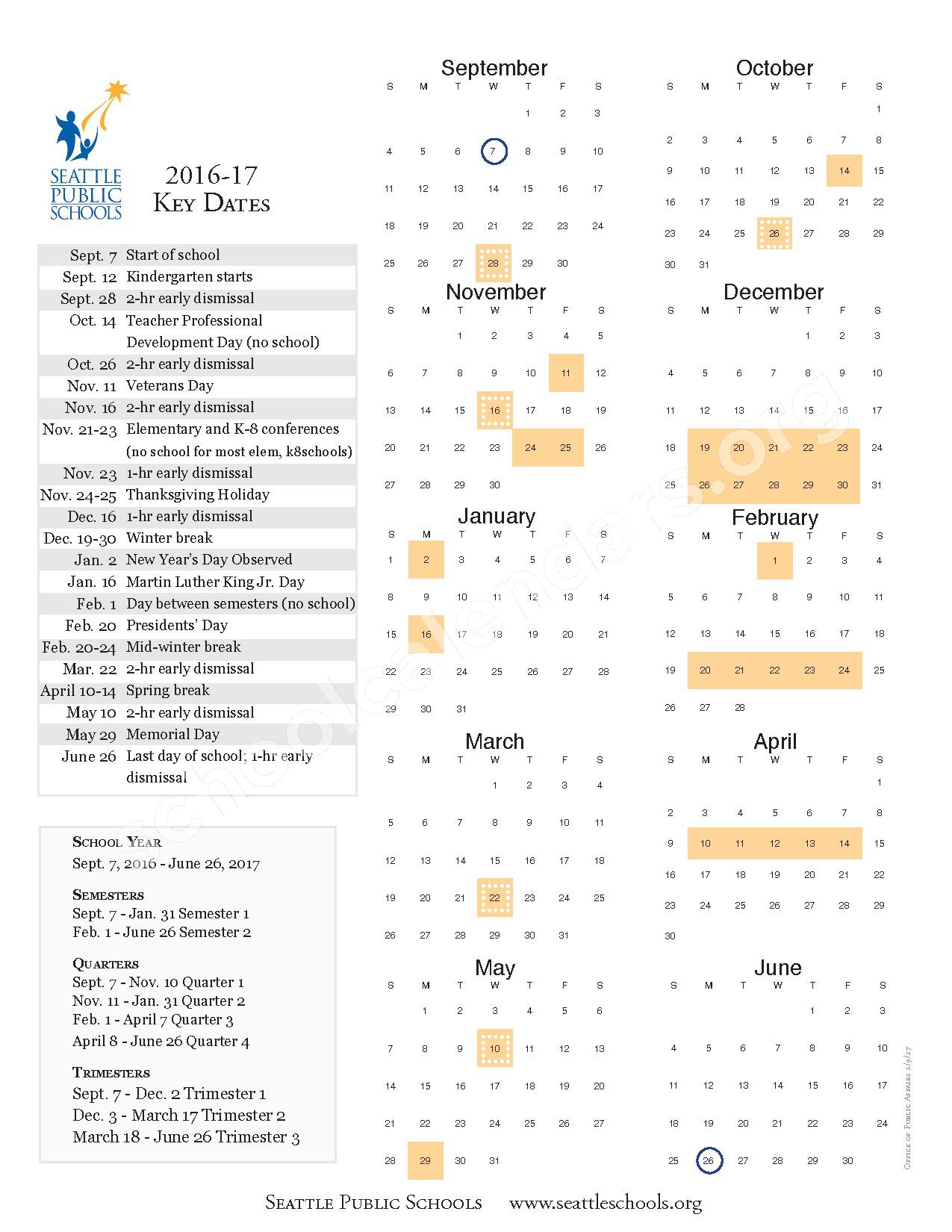 2016 2017 Academic Calendar Seattle Public Schools Seattle WA