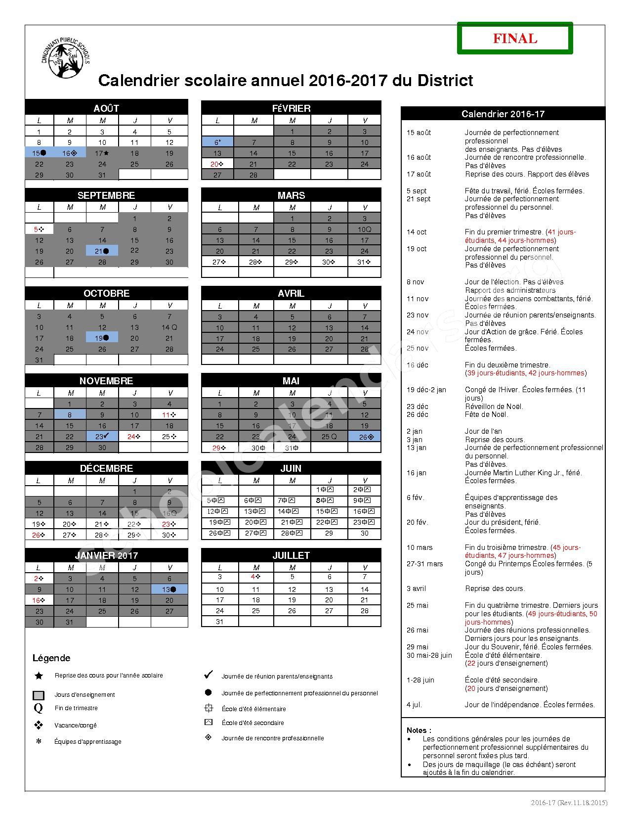 2016 - 2017 CPS Calendar (French) | Cincinnati Public Schools – Cincinnati, OH