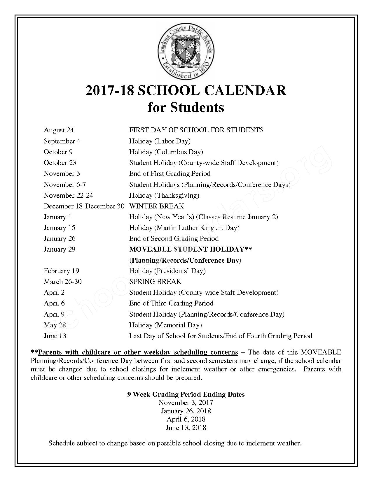 2017 2018 Student Calendar Loudoun County Public Schools Ashburn VA