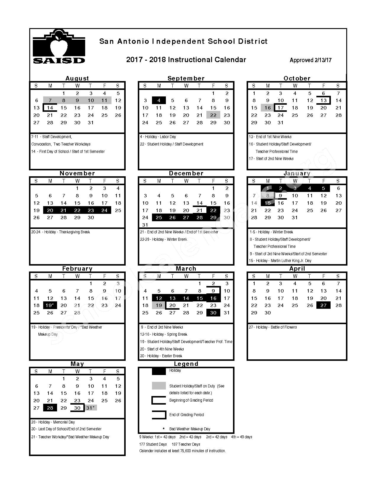 2017 2018 School Calendar San Antonio Independent School District 