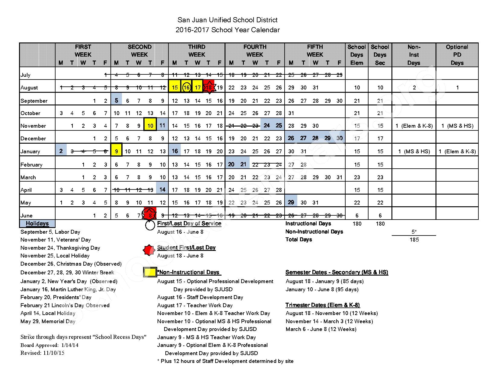 2016 - 2017 School Year Calendar | San Juan Unified School District -  Sacramento County School District – Carmichael, CA