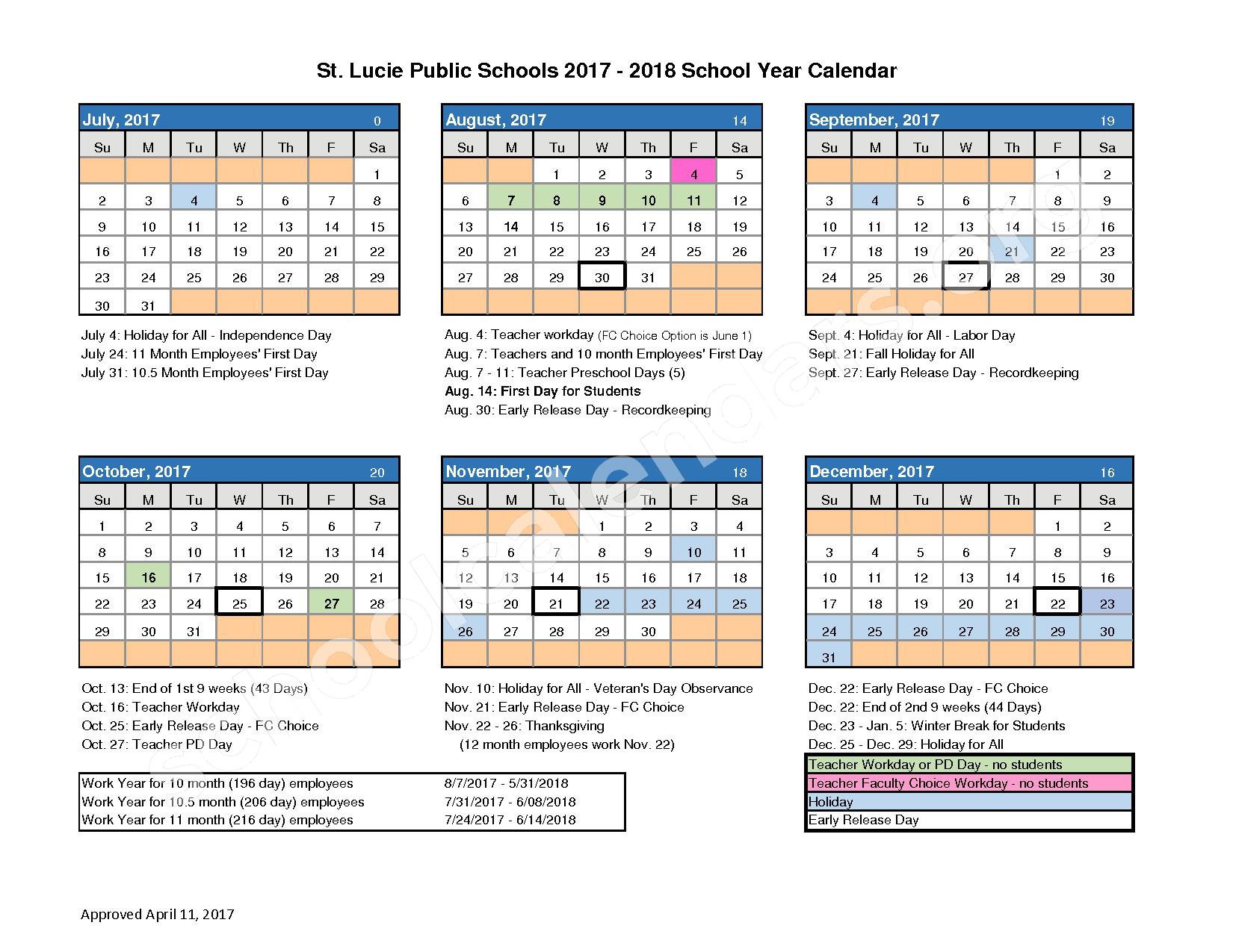 2017 - 2018 School Calendar – Southern Oaks Middle School – page 1