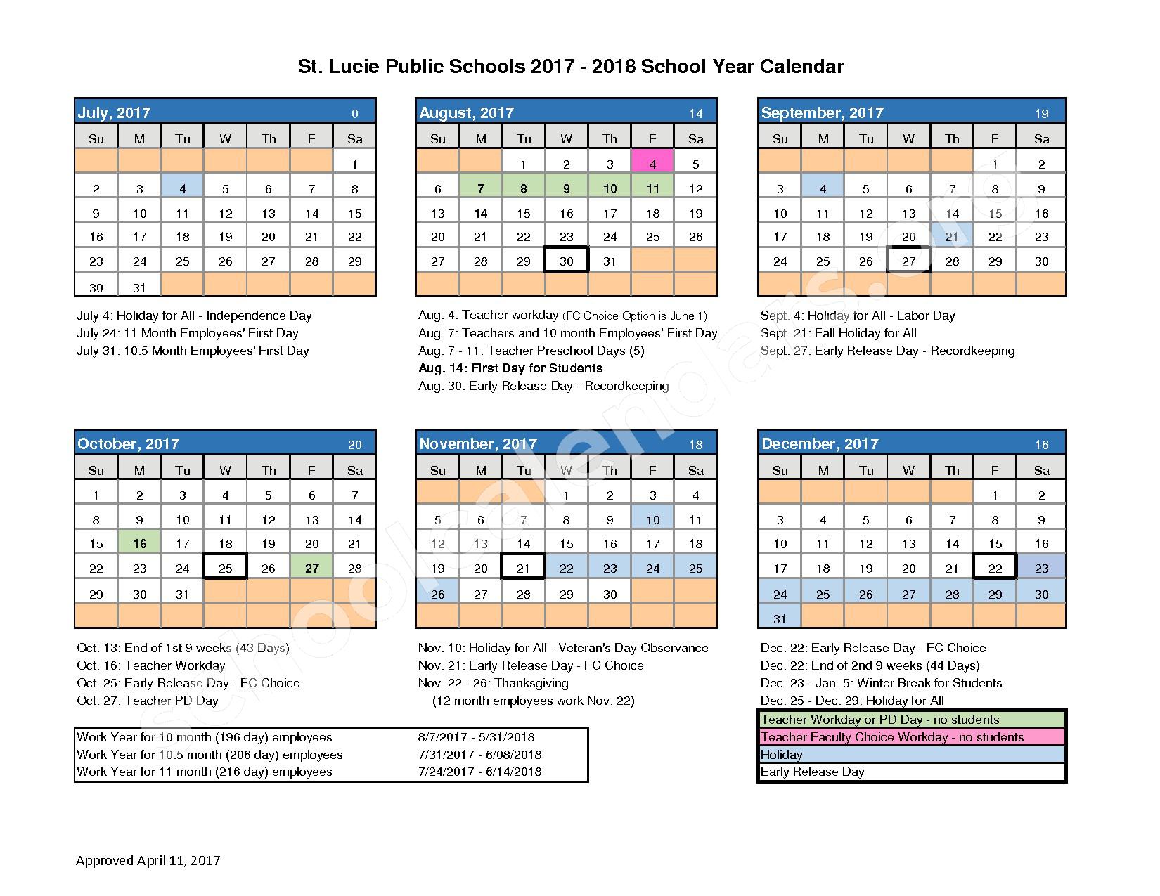 St Lucie County School District Calendars Fort Pierce FL