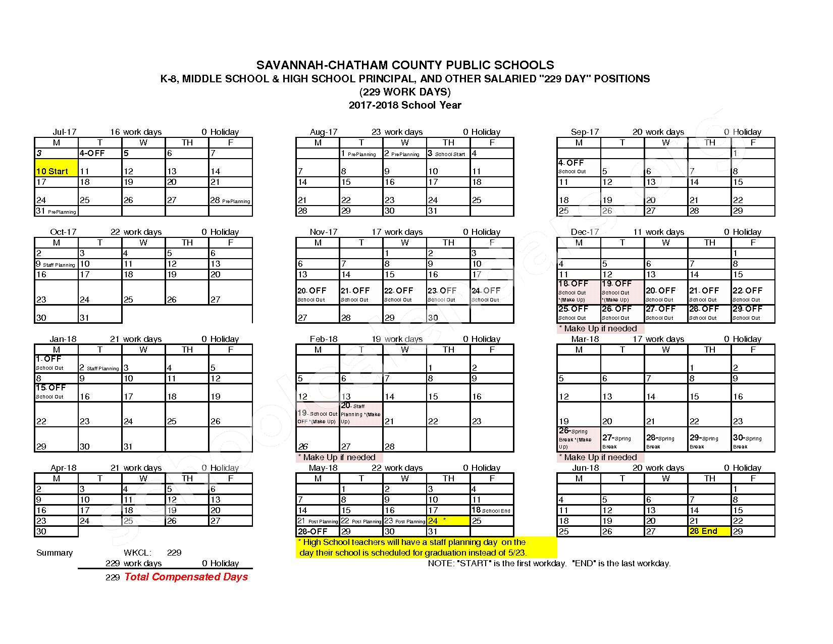 2017 - 2018 Employee Workday Calendar – Shuman Elementary School – page 3