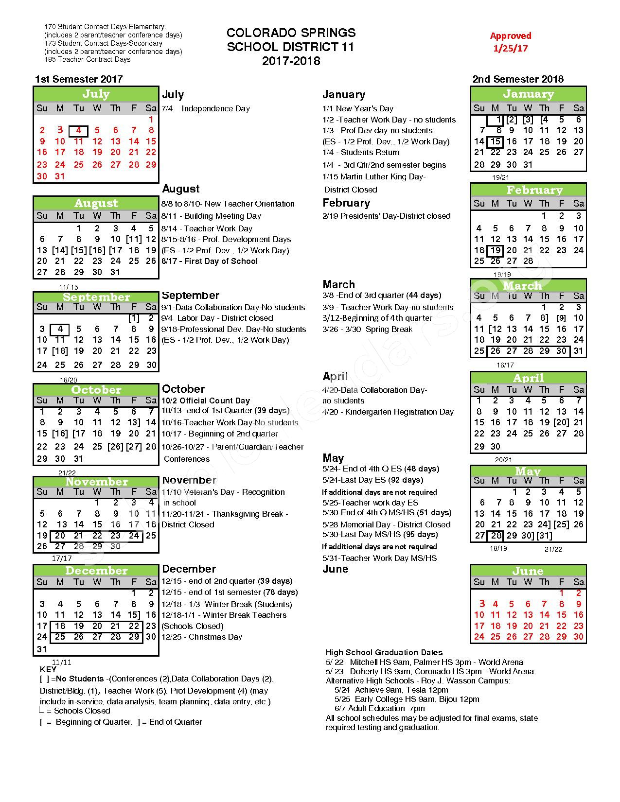 2017 - 2018 District Calendar | Colorado Springs School District 11 – Colorado  Springs, CO