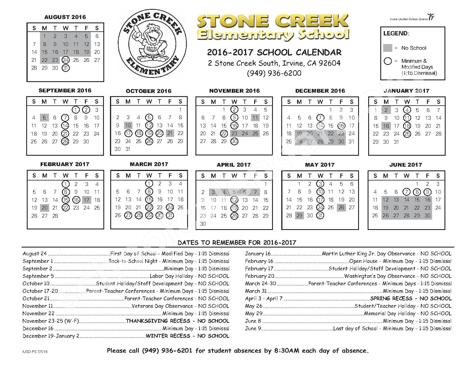 Stone Creek Elementary School Calendars Irvine CA