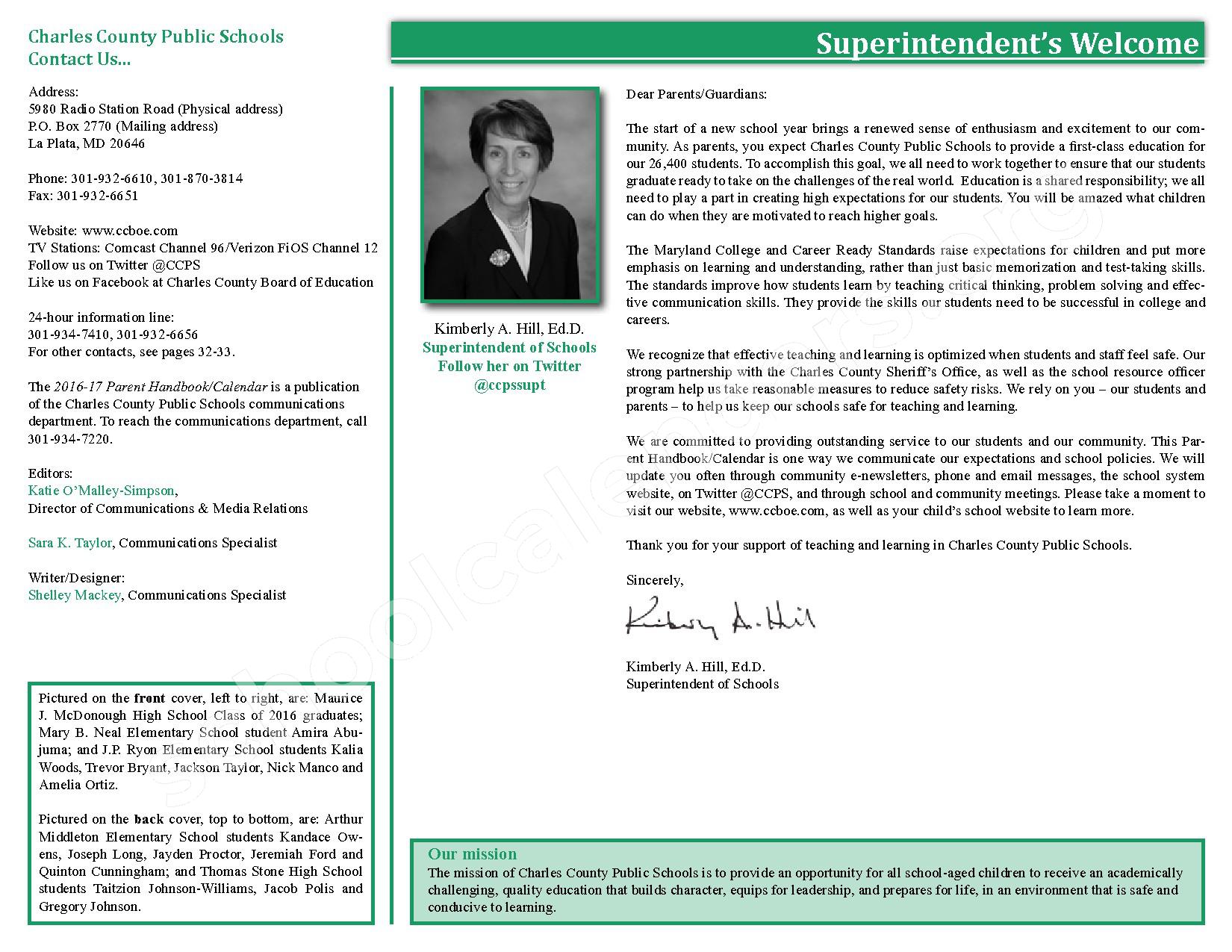 2016 2017 School Calendar Charles County Public Schools La Plata MD