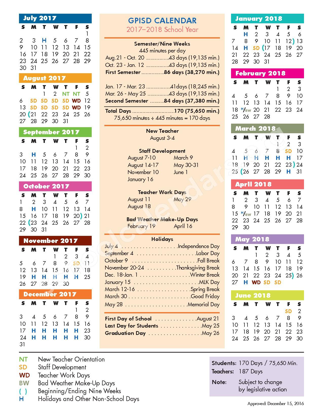 2017 - 2018 School Calendar – Dickinson Elementary School – page 1