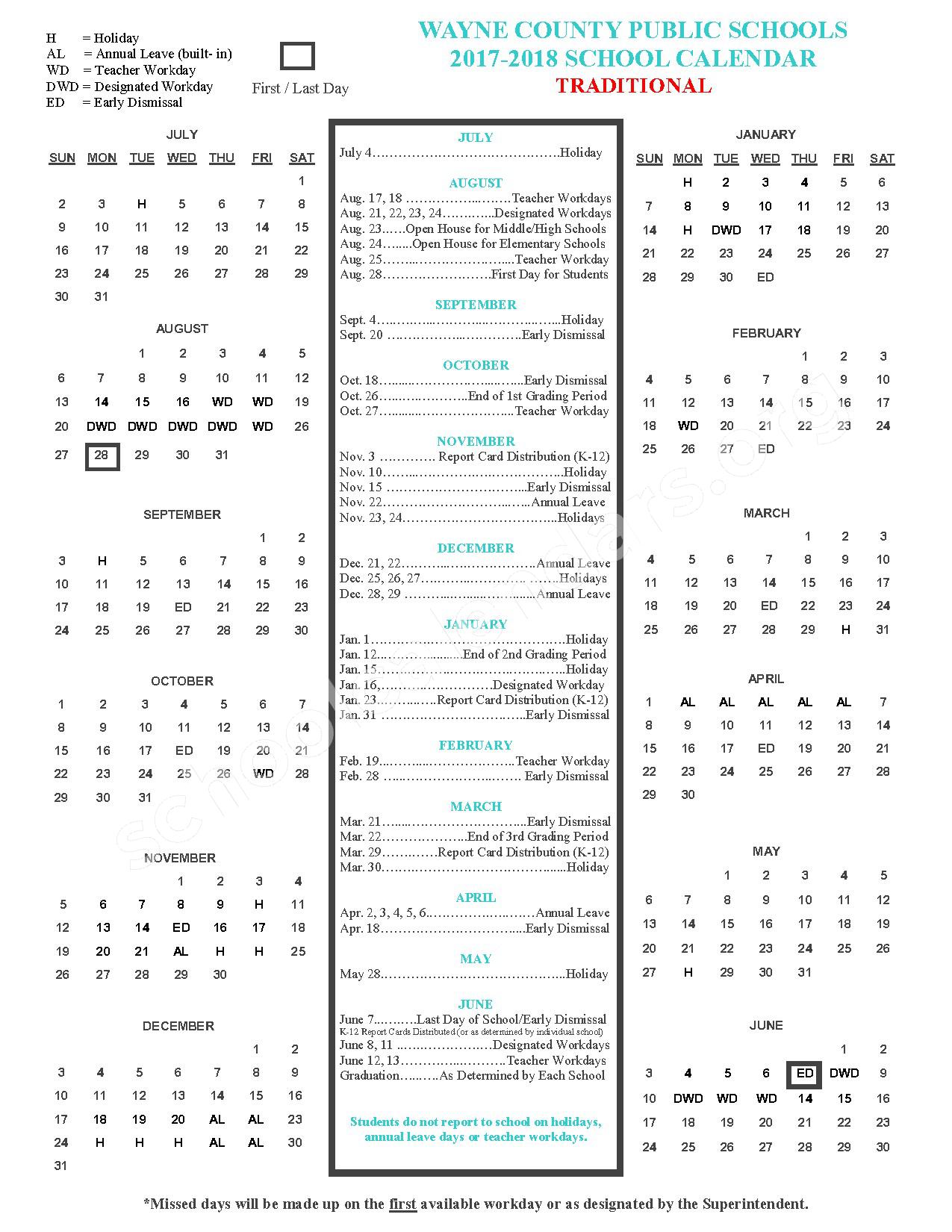 2017 - 2018 Traditional Academic Calendar – Wayne County Public Schools – page 1