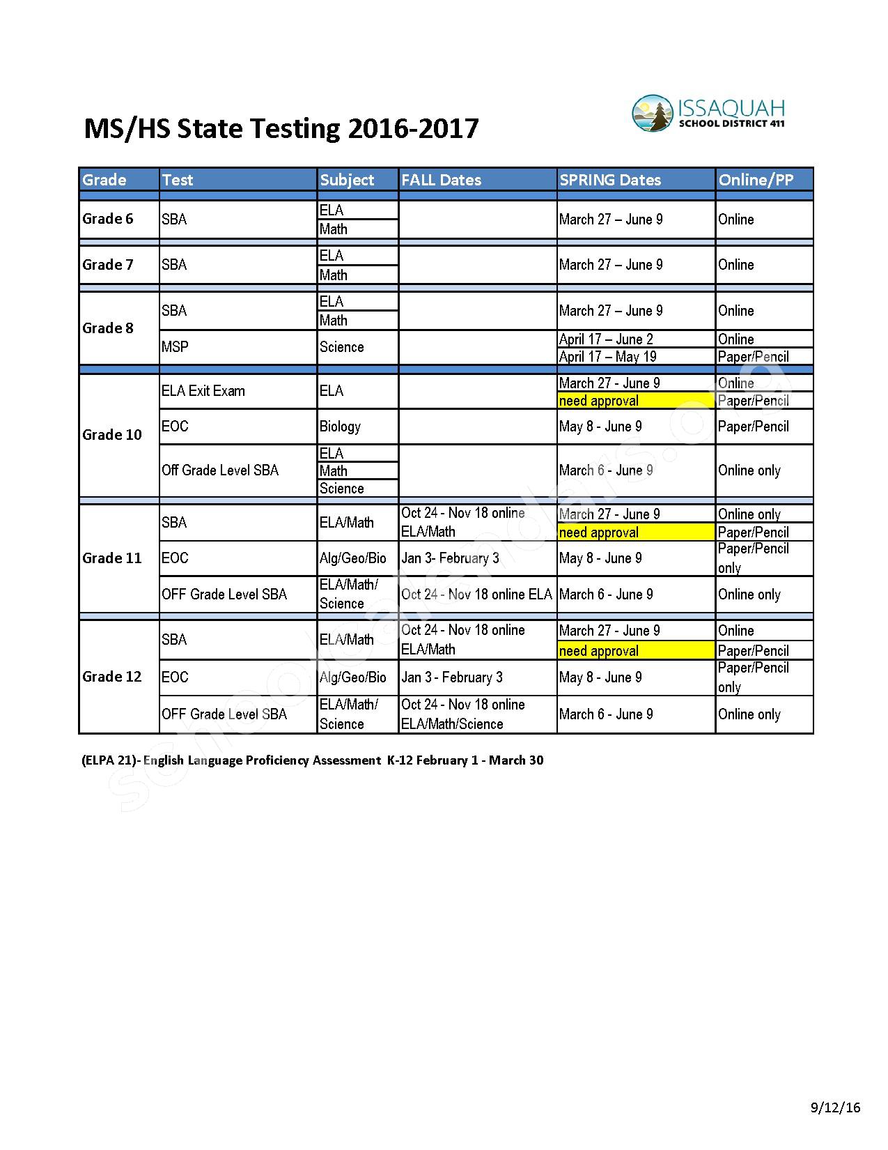 2016 - 2017 State Assessment Calendar – Sunny Hills Elementary School – page 1