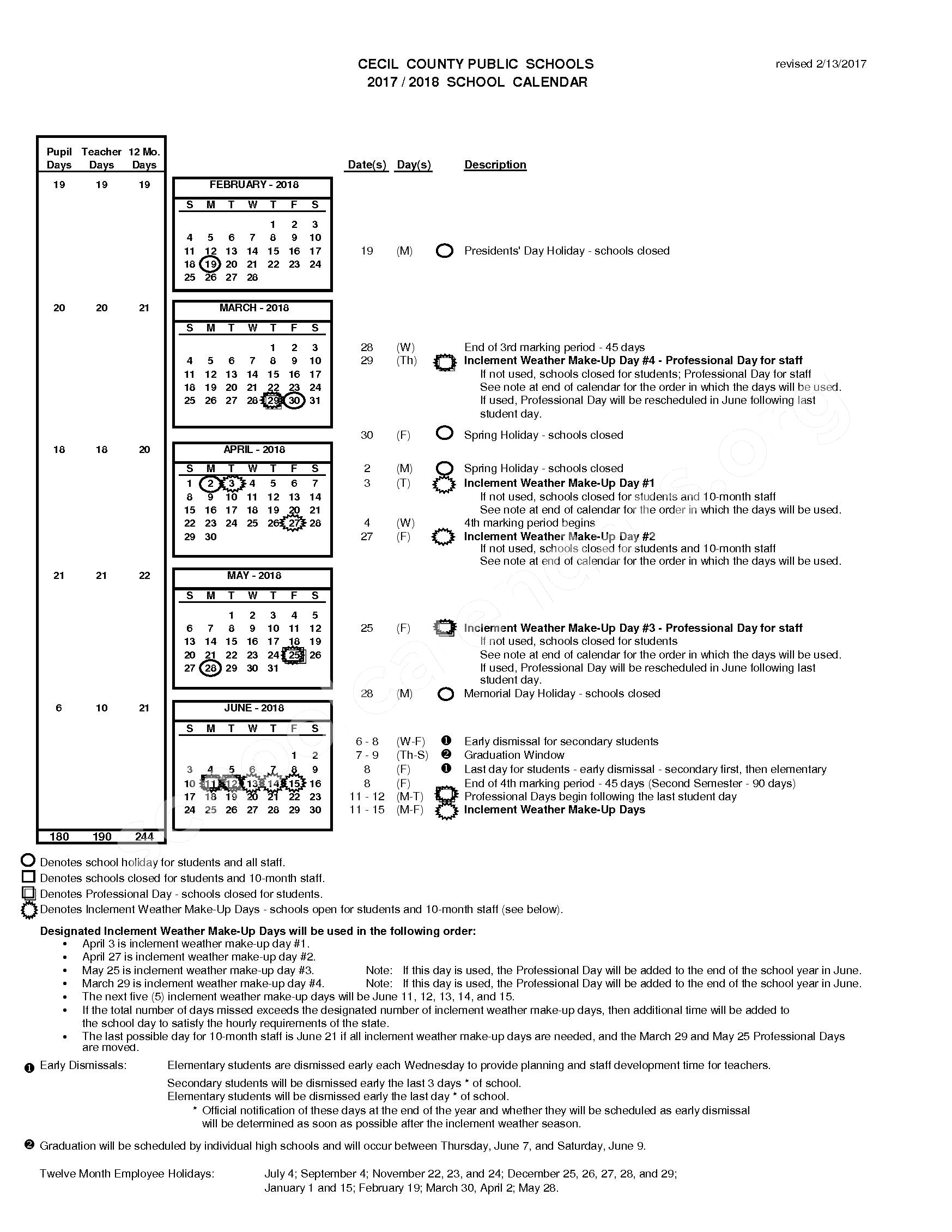 2017 - 2018 School Calendar – Charlestown Elementary School – page 2