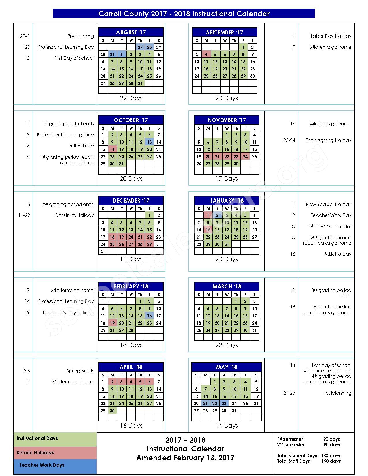2017 2018 School Calendar Carroll County School District 