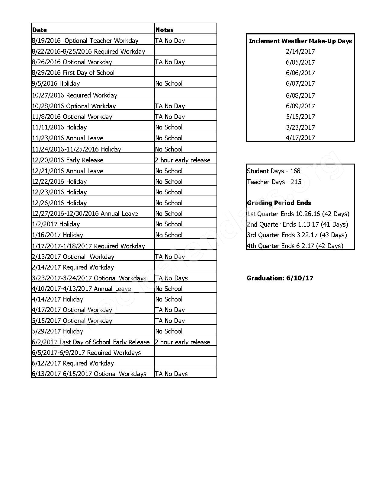 2016 2017 District Calendar Calendar Detail SchoolCalendars