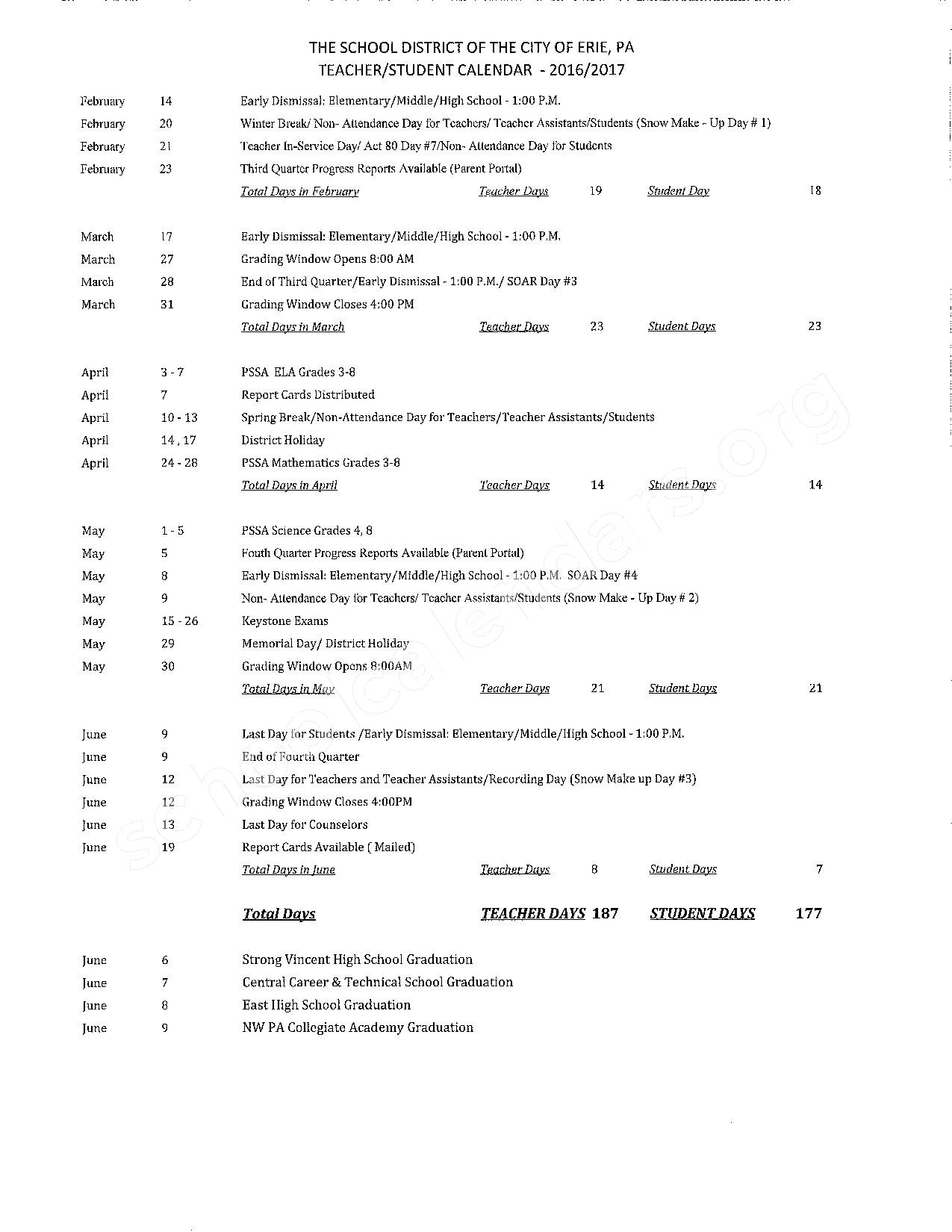 Erie City School District Calendars Erie PA