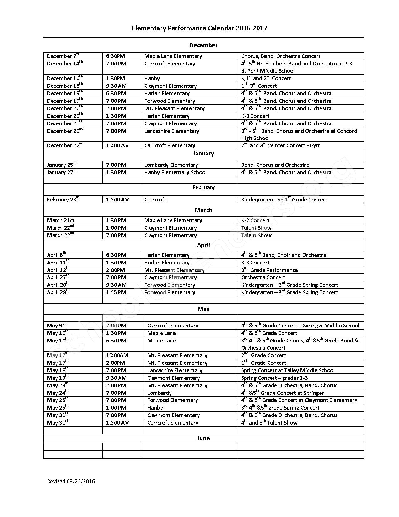 2016 - 2017 District Performance Calendar – Talley Middle School – page 1