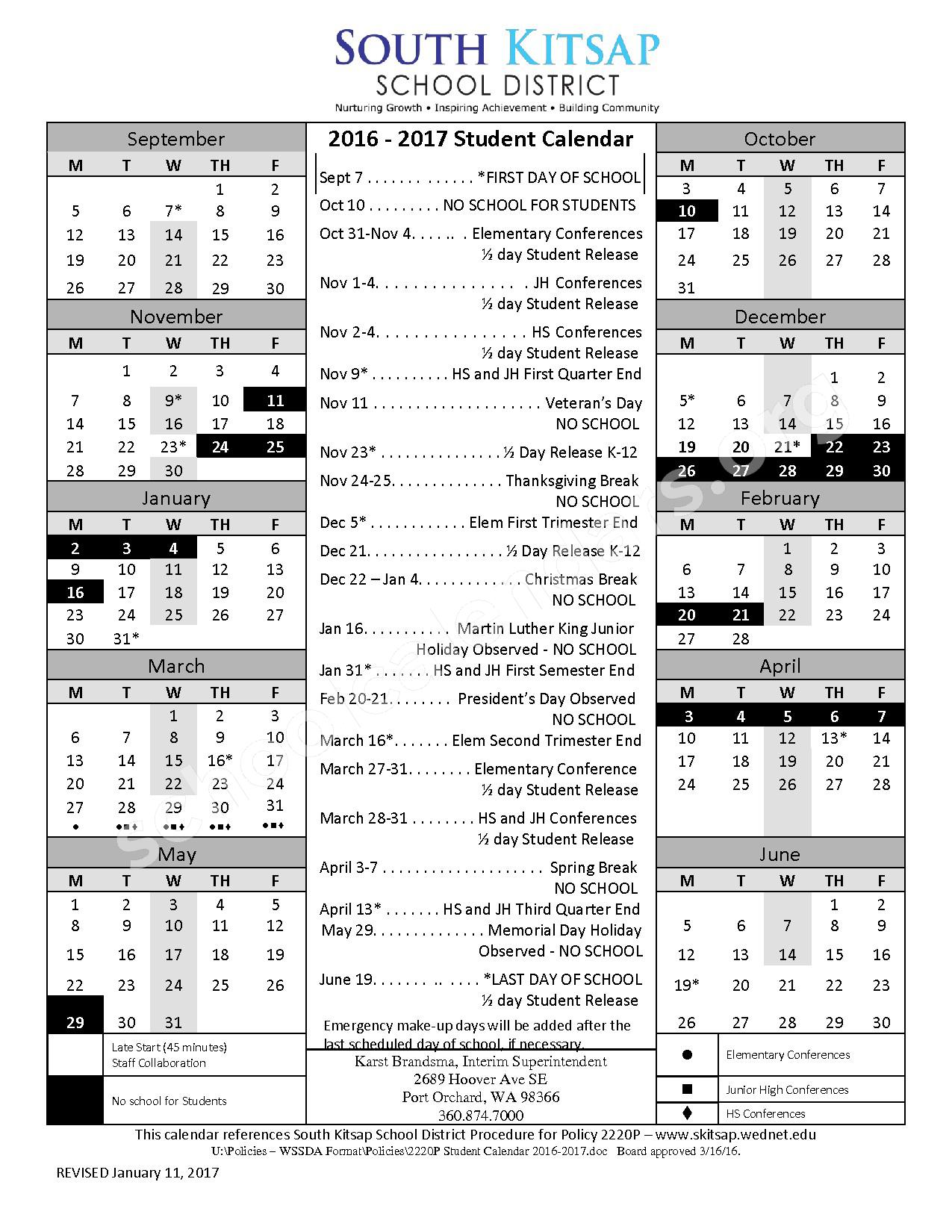 2016 2017 School Calendar South Kitsap School District Port 2016 2017 School Calendar South Kitsap School District Port