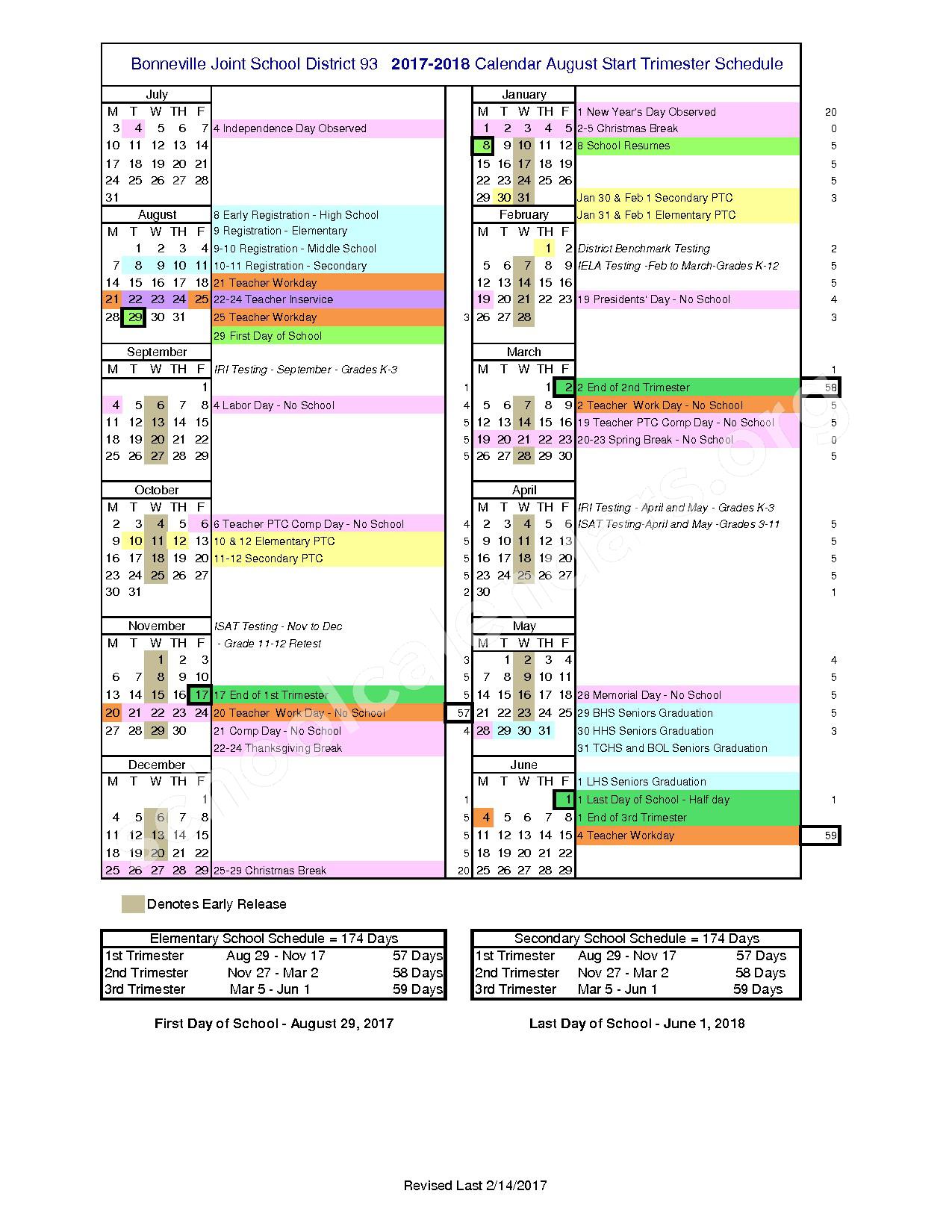 2017 2018 School Calendar Bonneville Joint School District 93