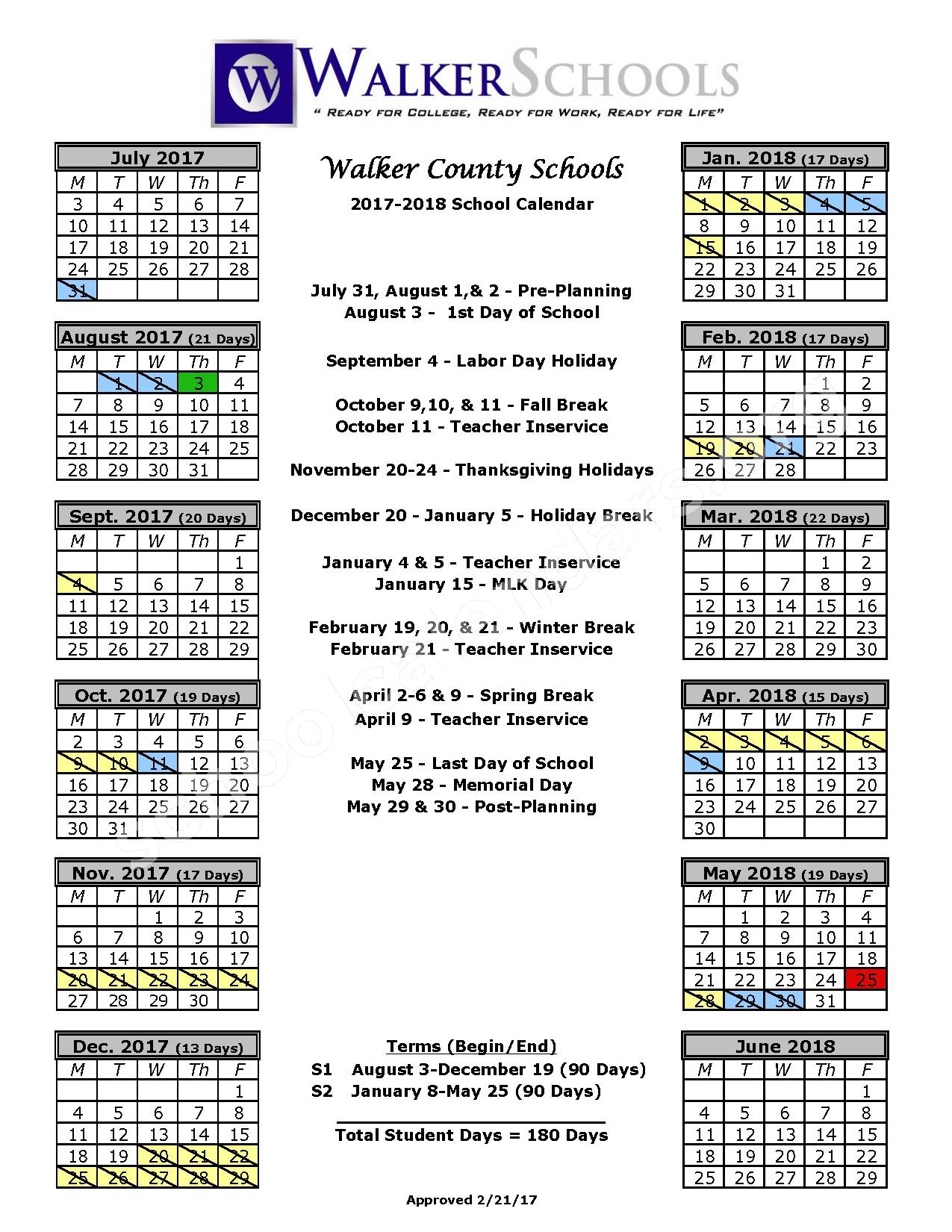 2017 - 2018 Student Calendar – Rock Spring Elementary School – page 1